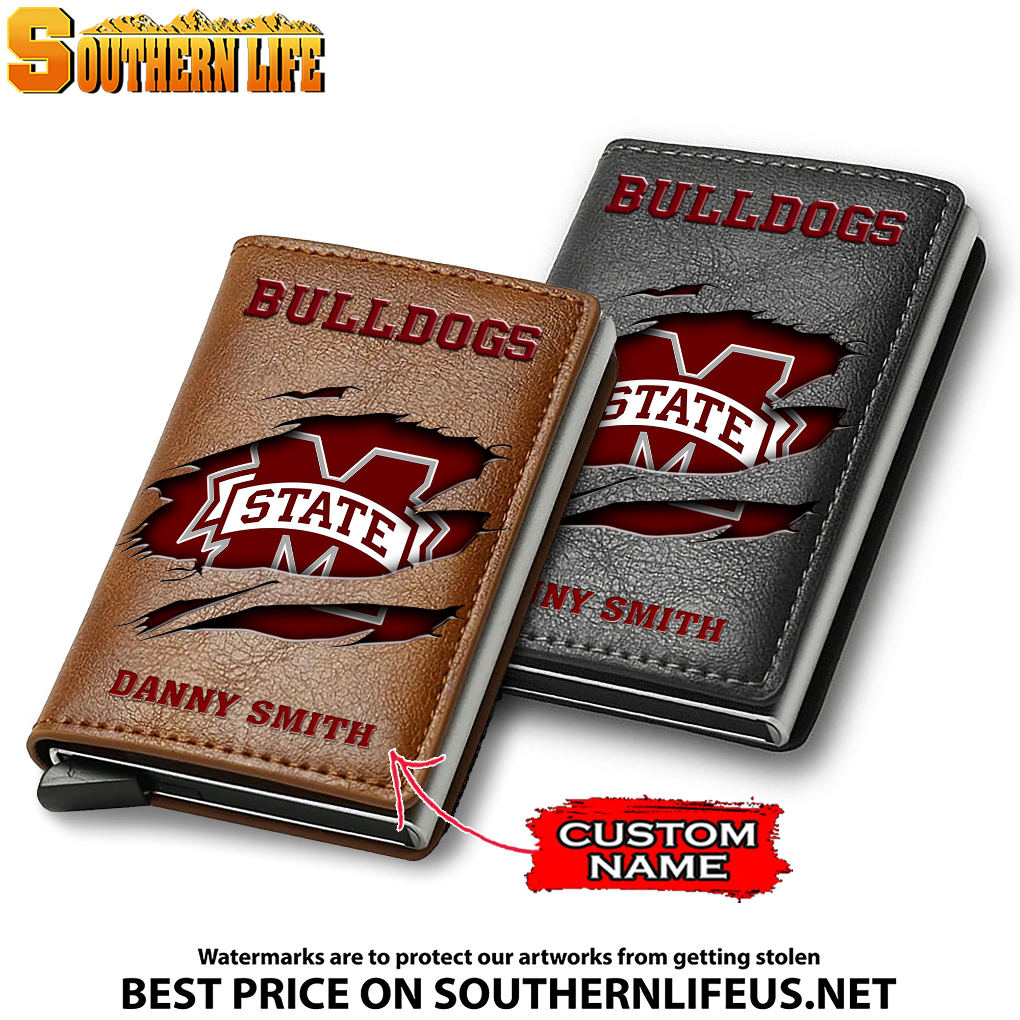 NCAA16 Mississippi State Bulldogs Tide Card Holder Leather Small Wallet – Anti RFID Blocking - Custom Name