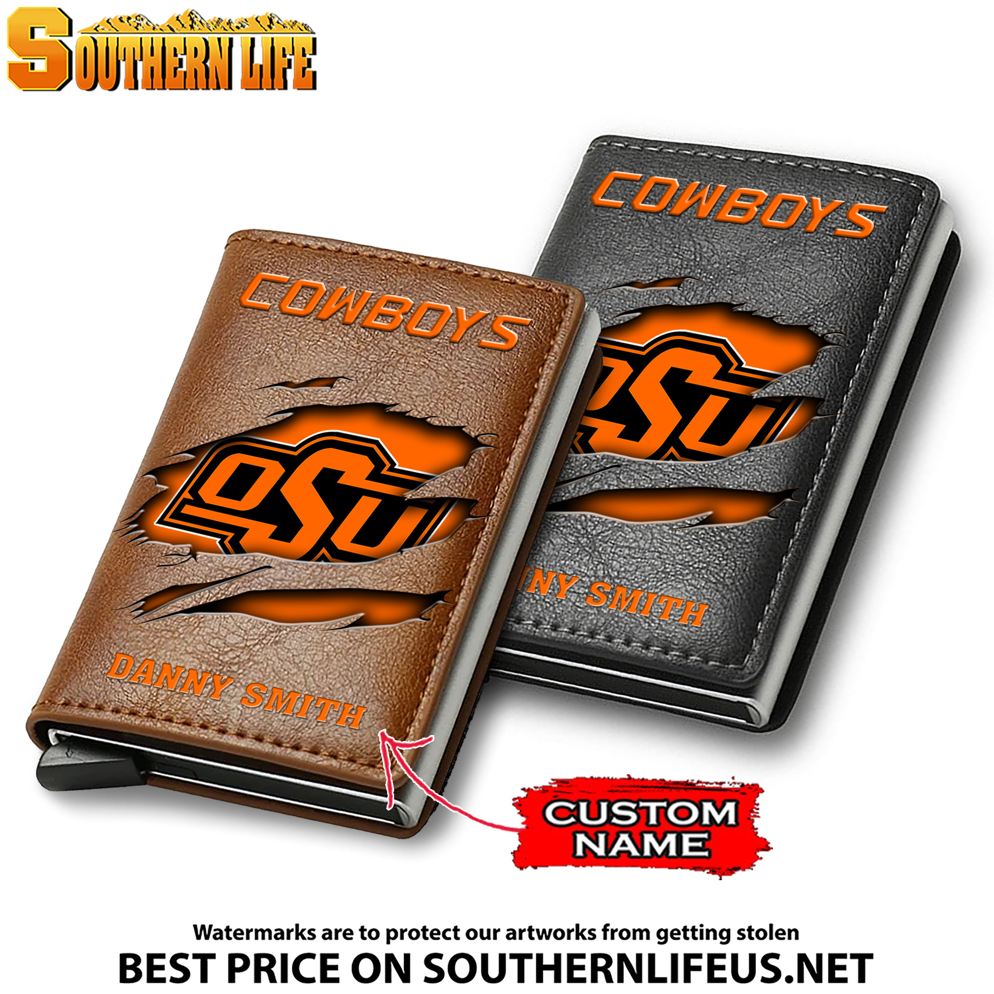 NCAA17 Oklahoma State Cowboys Tide Card Holder Leather Small Wallet – Anti RFID Blocking - Custom Name