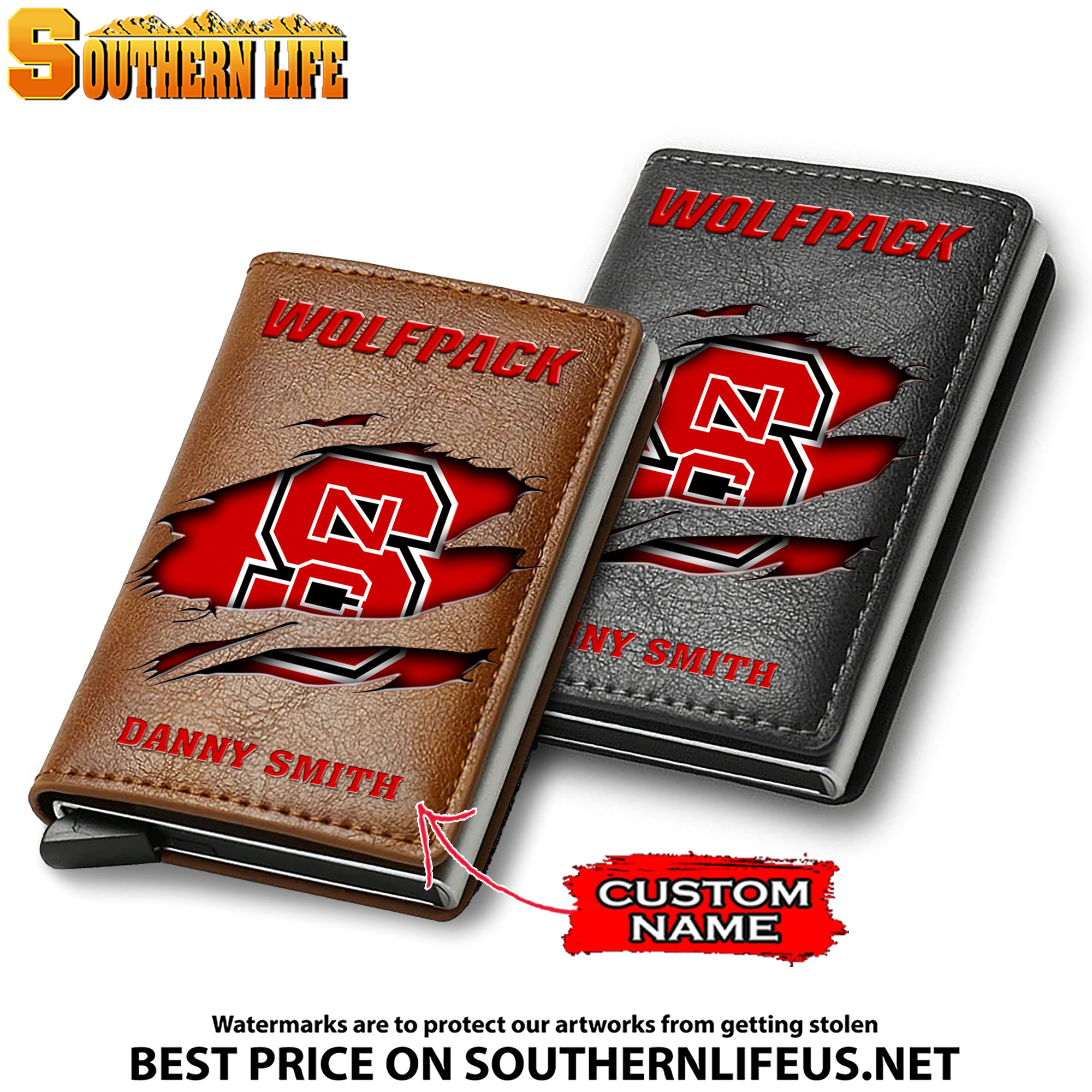 NCAA18 NC State Wolfpack Tide Card Holder Leather Small Wallet – Anti RFID Blocking - Custom Name
