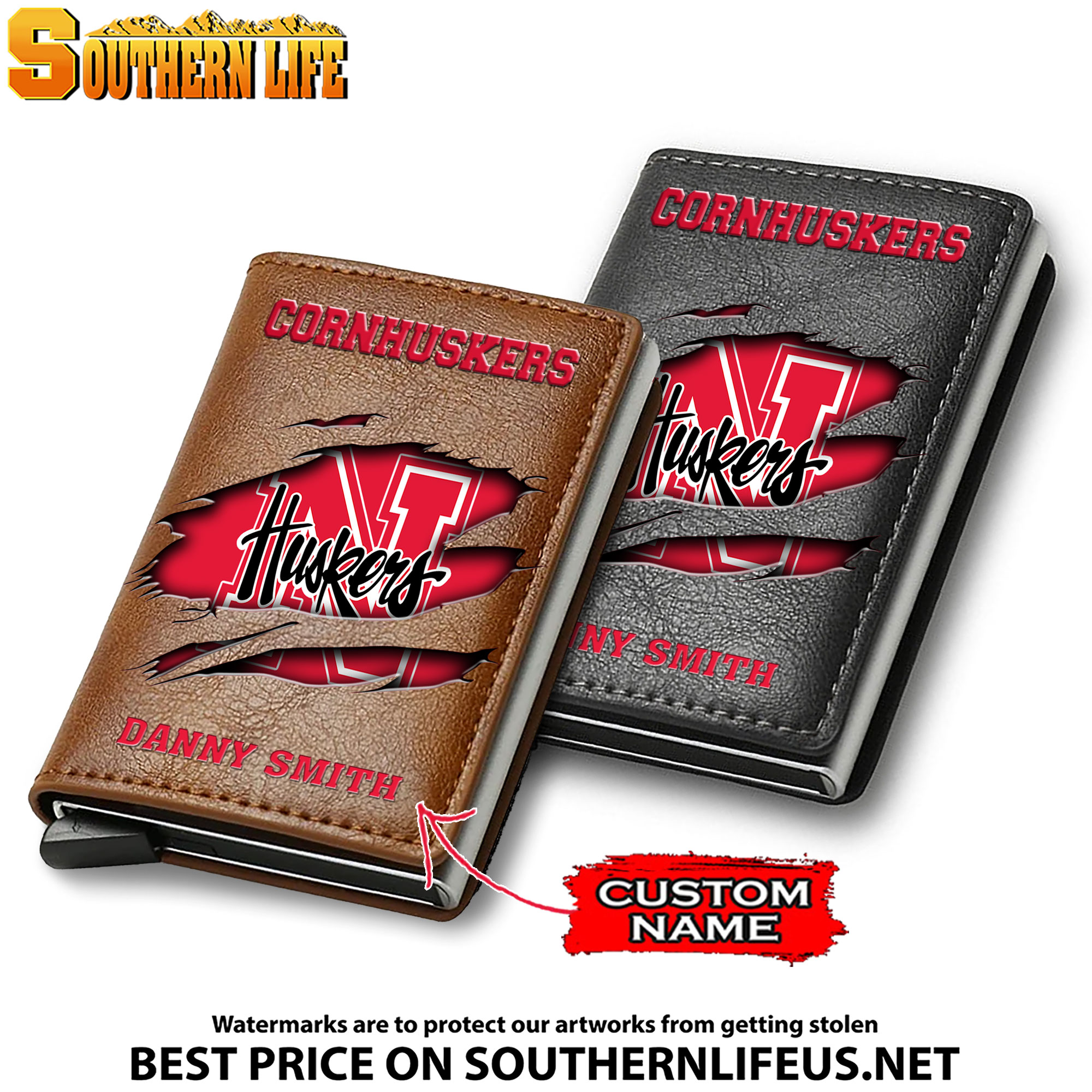 NCAA19 Nebraska Cornhuskers Tide Card Holder Leather Small Wallet – Anti RFID Blocking - Custom Name