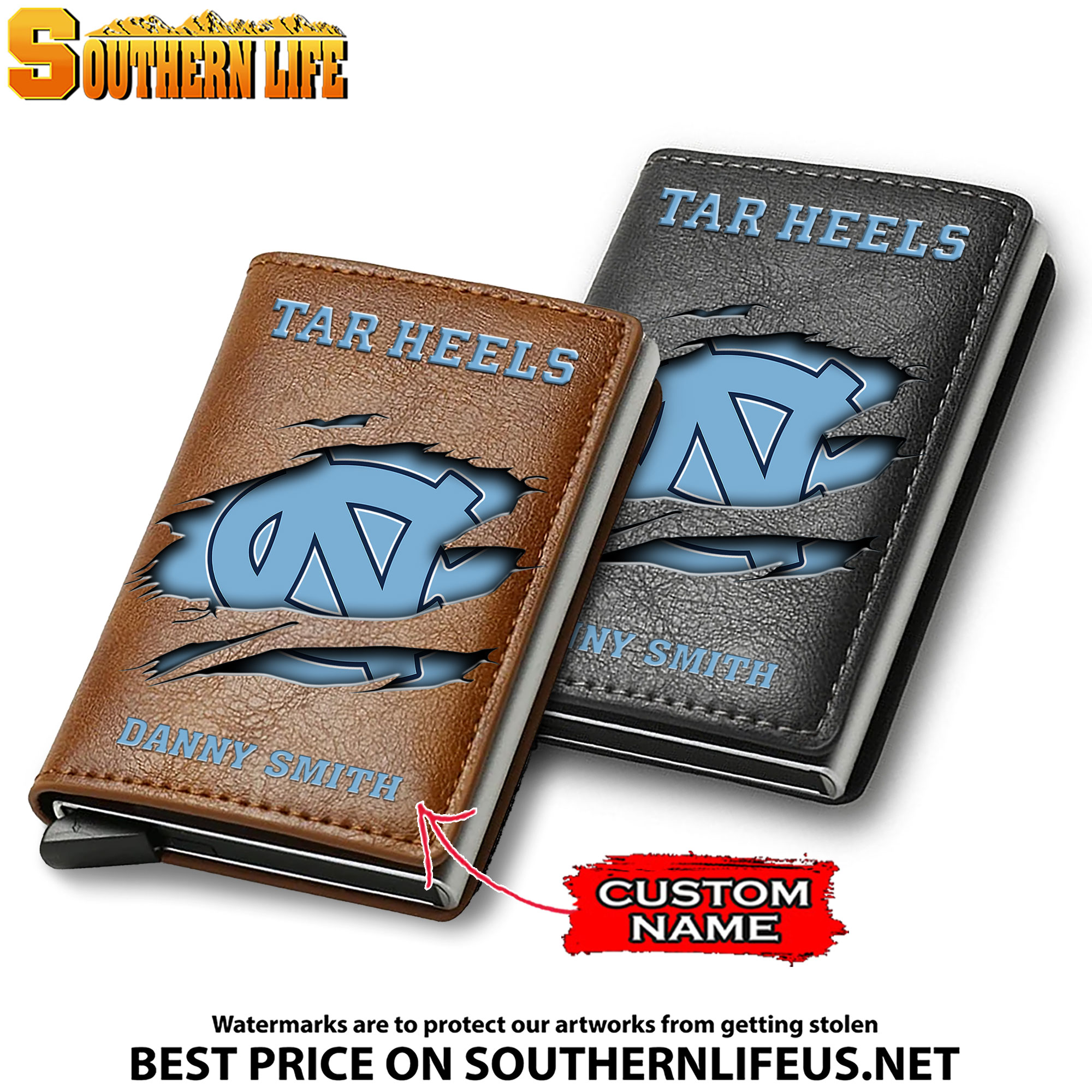 NCAA20 North Carolina Tar Heels Tide Card Holder Leather Small Wallet – Anti RFID Blocking - Custom Name