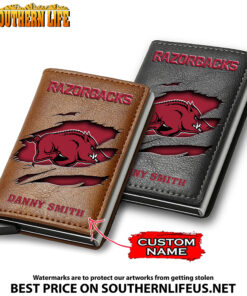 NCAA22 Arkansas Razorbacks Tide Card Holder Leather Small Wallet – Anti RFID Blocking - Custom Name
