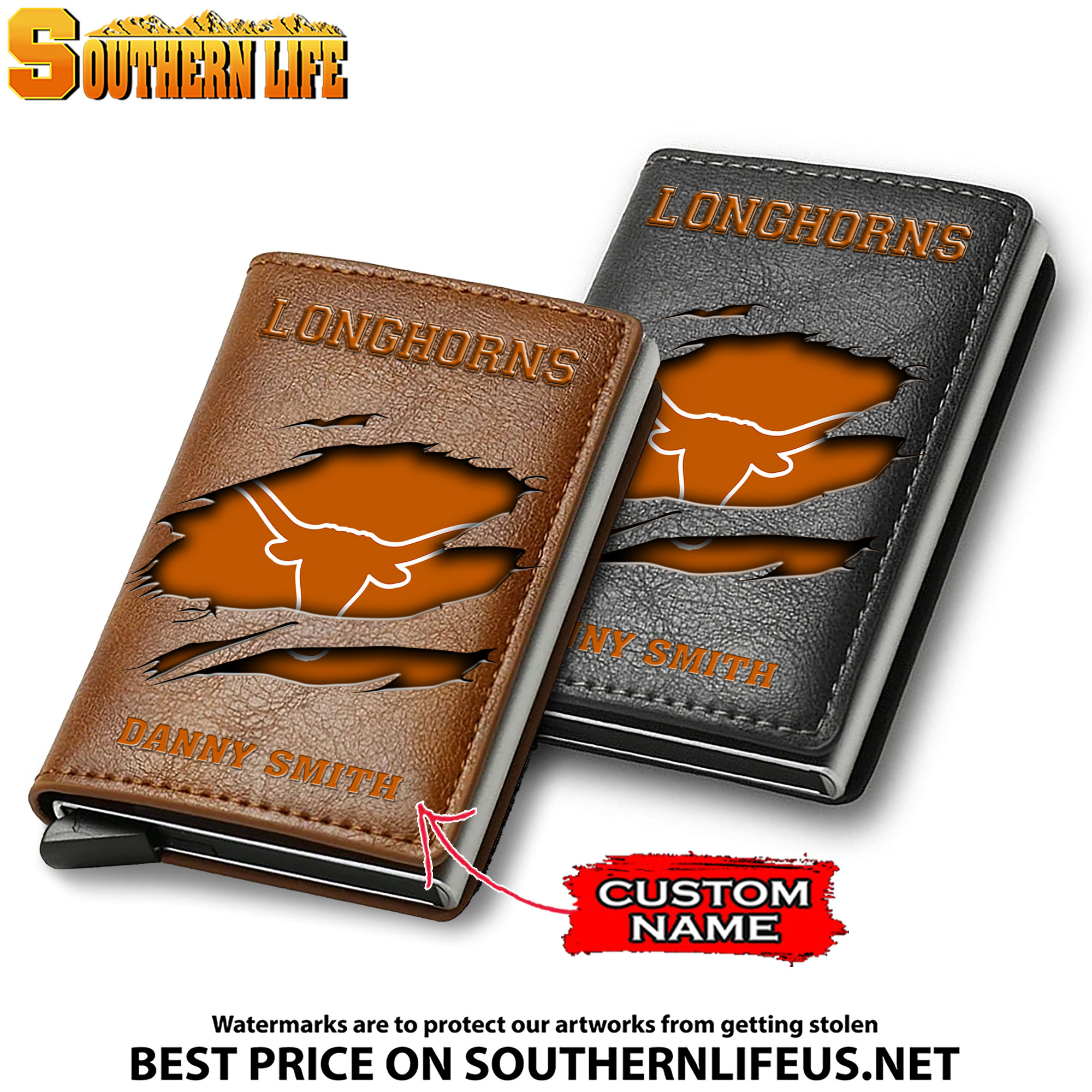 NCAA32 Texas Longhorns Tide Card Holder Leather Small Wallet – Anti RFID Blocking - Custom Name