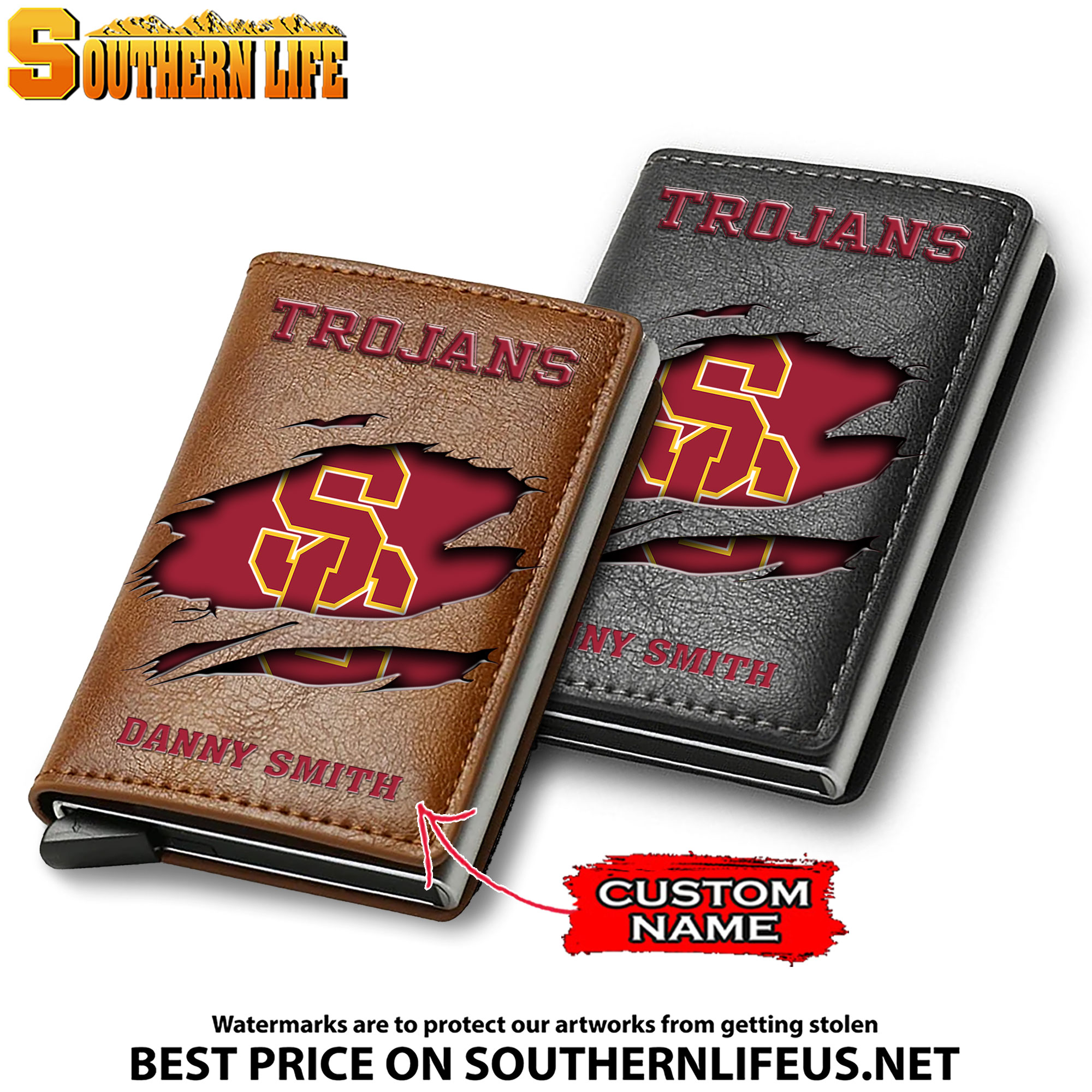 NCAA34 USC Trojans Tide Card Holder Leather Small Wallet – Anti RFID Blocking - Custom Name
