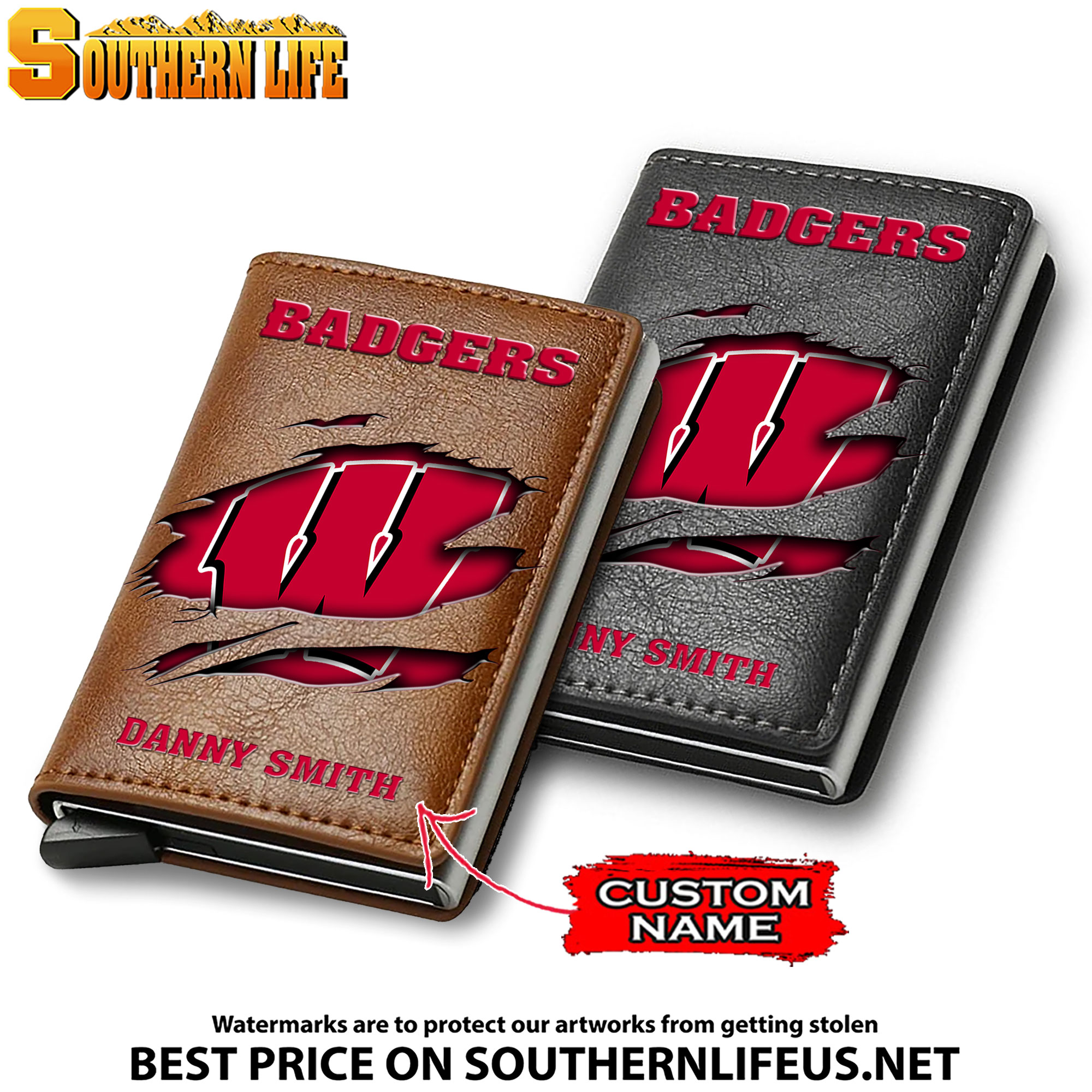 NCAA37 Wisconsin Badgers Tide Card Holder Leather Small Wallet – Anti RFID Blocking - Custom Name