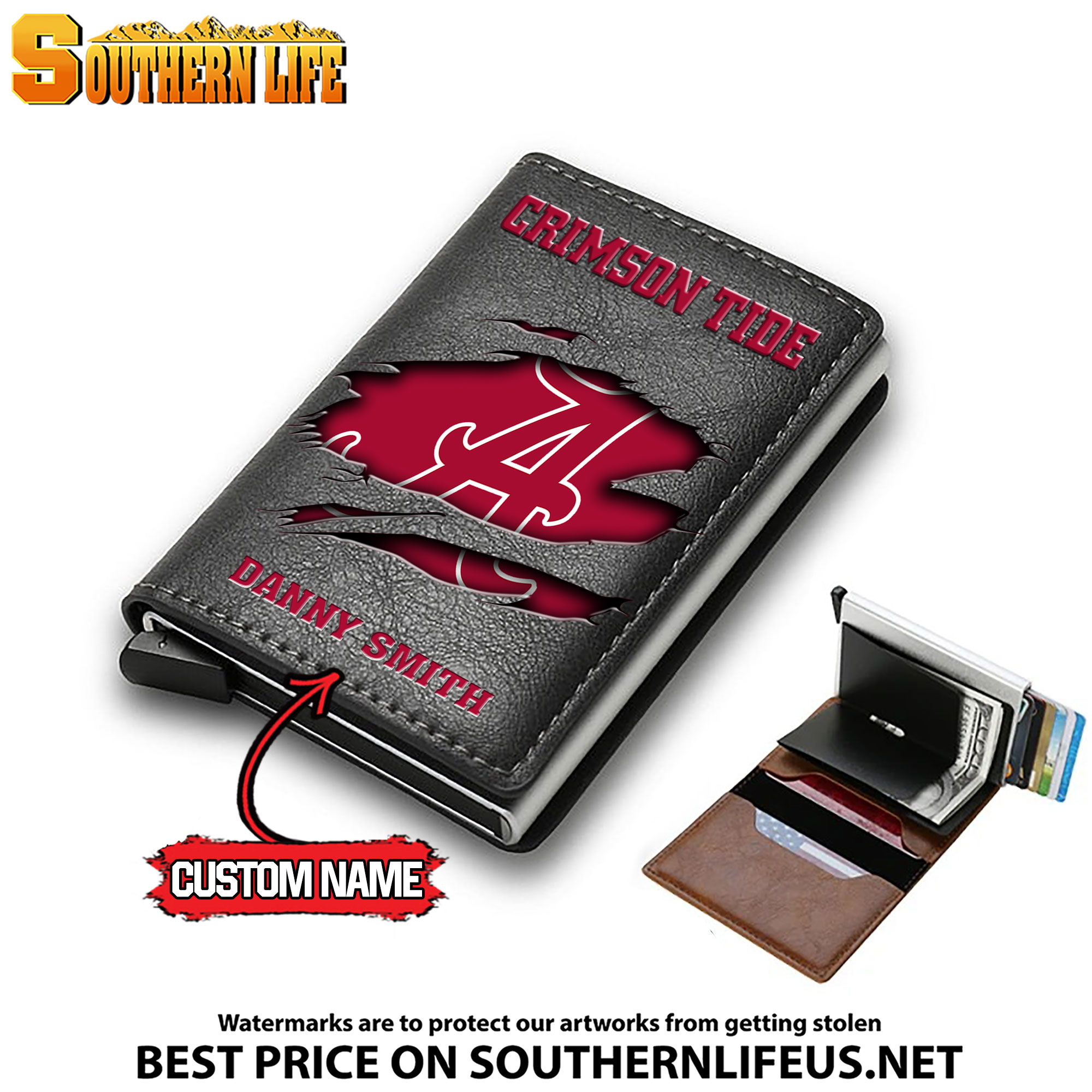 NCAA01 Alabama Crimson Tide Card Holder Leather Small Wallet – Anti RFID Blocking - Custom Name - Image 3