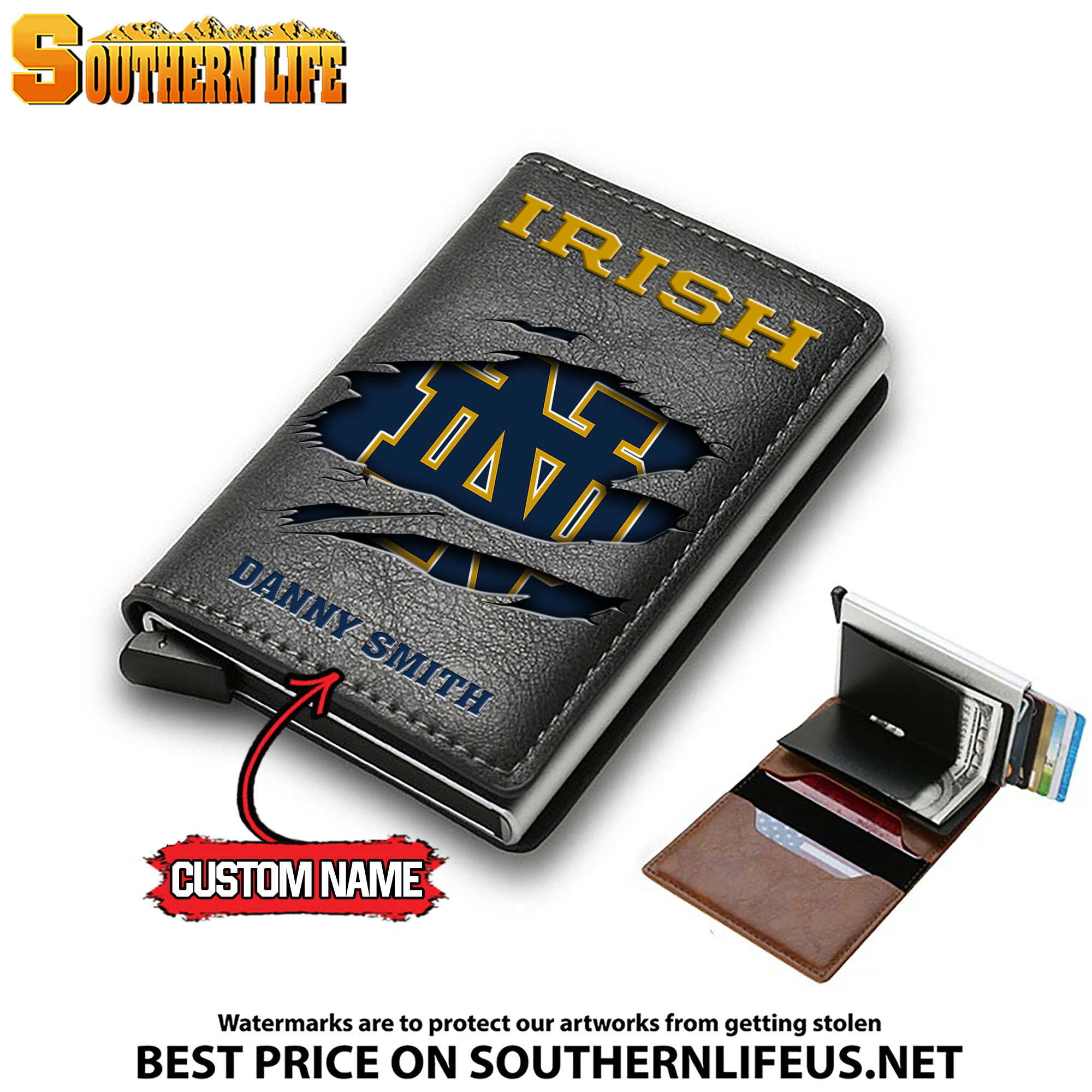 NCAA08 Notre Dame Fighting Irish Card Holder Leather Small Wallet – Anti RFID Blocking - Custom Name - Image 3