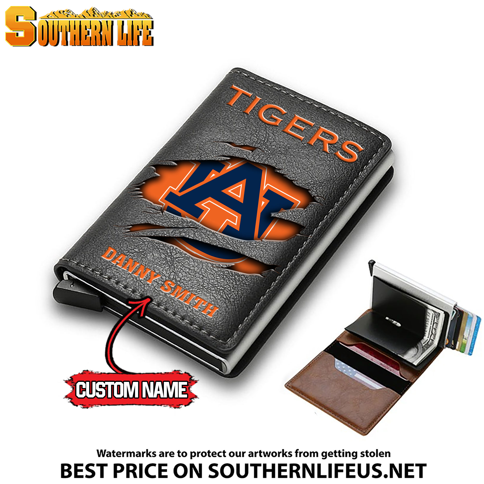 NCAA03 Auburn Tigers Card Holder Leather Small Wallet – Anti RFID Blocking - Custom Name - Image 3