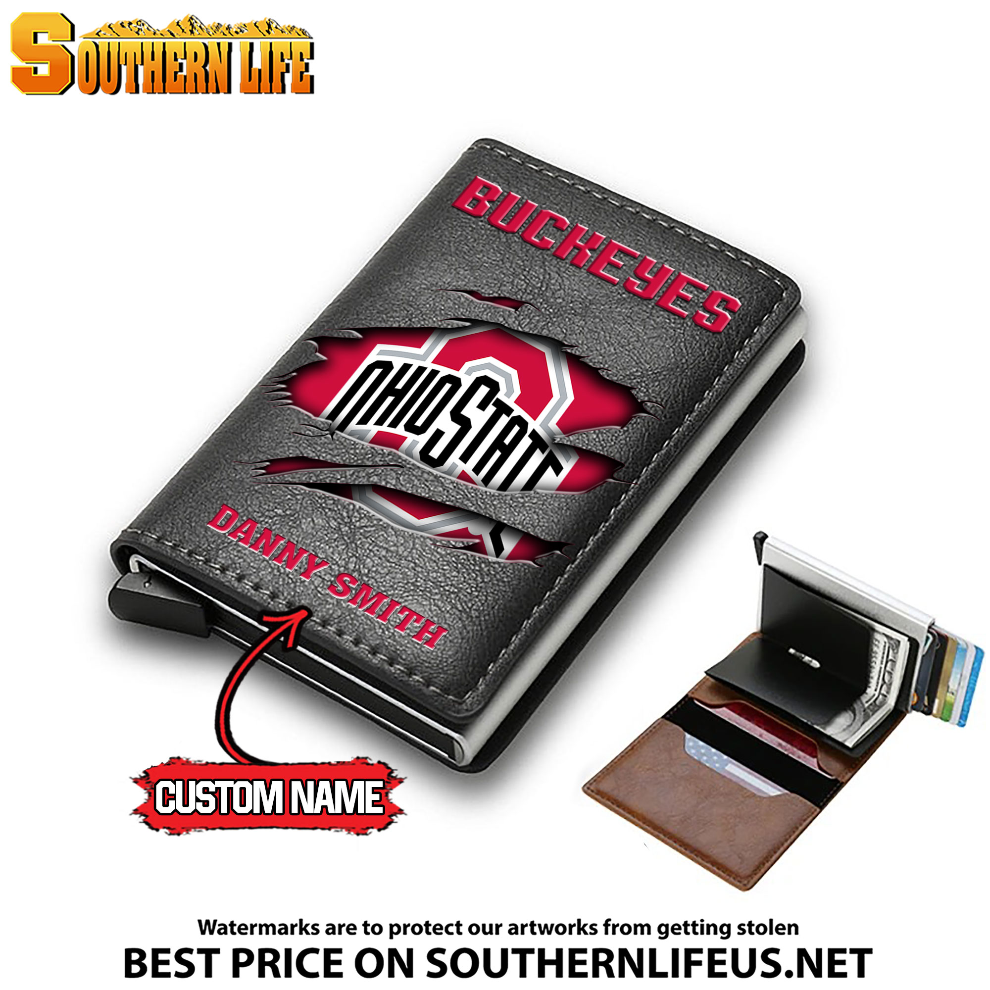 NCAA04 Ohio State Buckeyes Card Holder Leather Small Wallet – Anti RFID Blocking - Custom Name - Image 3