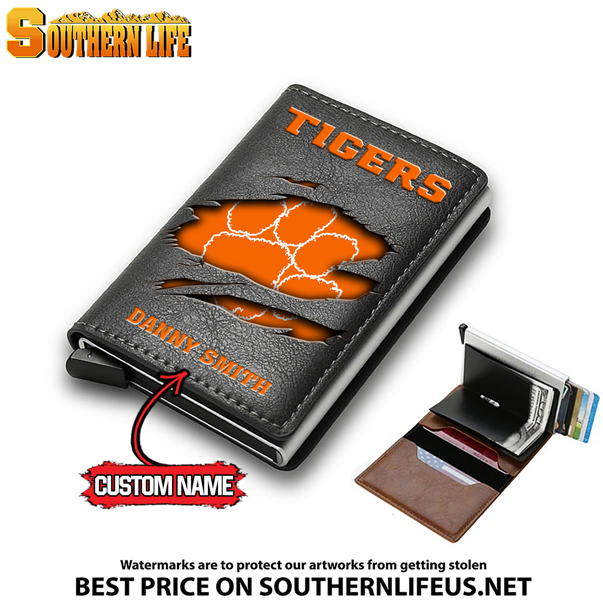 NCAA05 Clemson Tigers Card Holder Leather Small Wallet – Anti RFID Blocking - Custom Name - Image 3