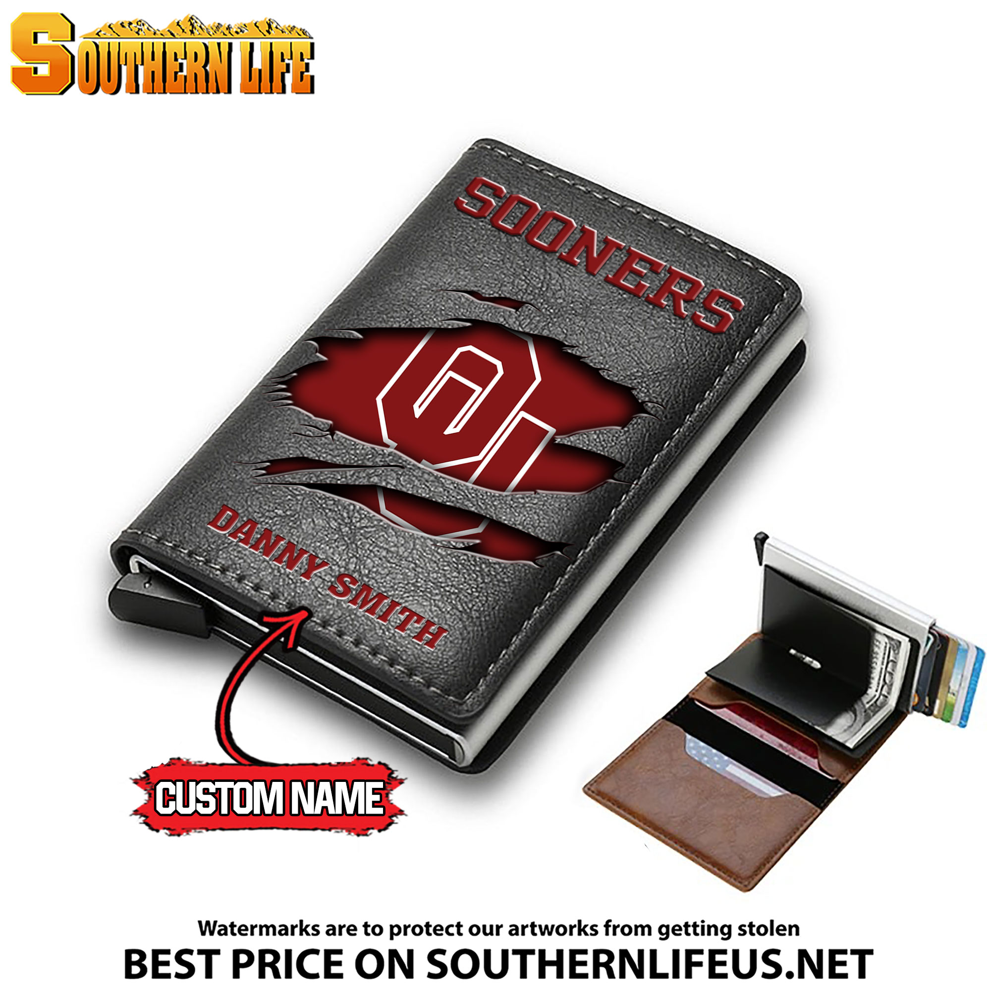 NCAA10 Oklahoma Sooners Card Holder Leather Small Wallet – Anti RFID Blocking - Custom Name - Image 3