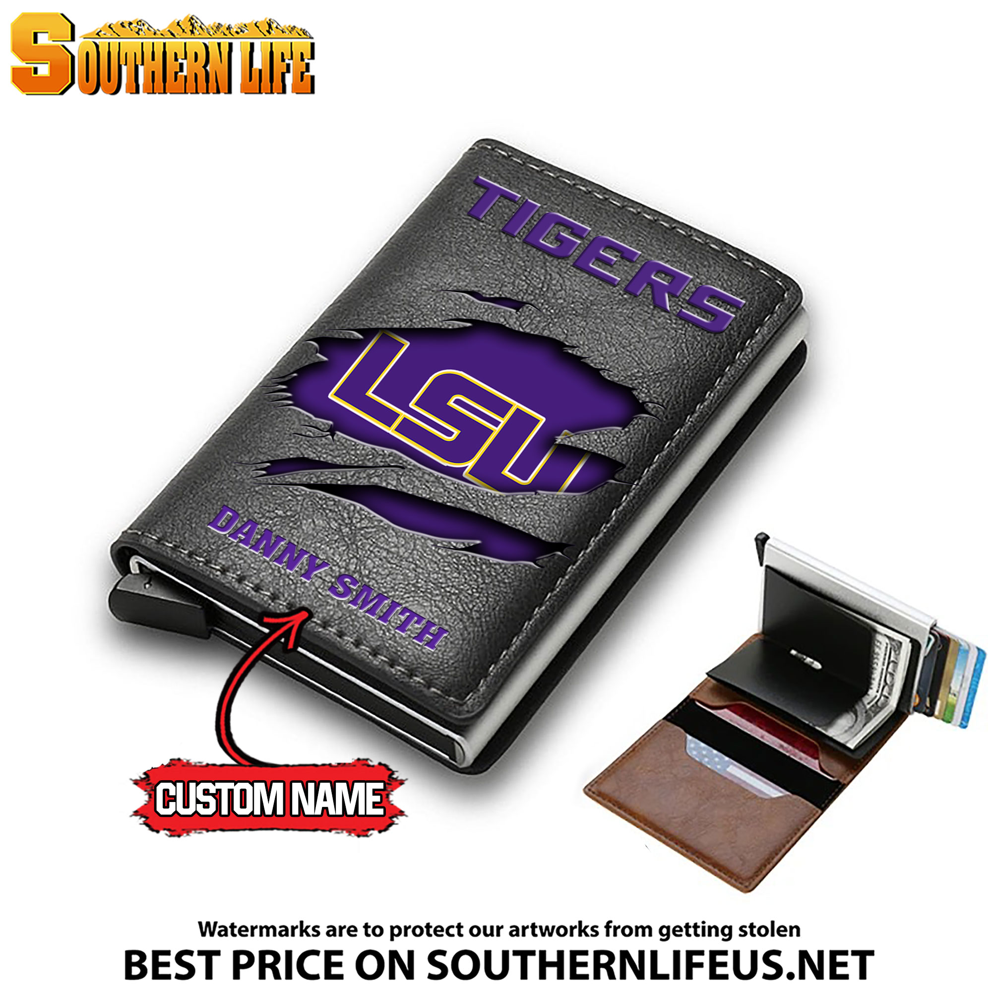 NCAA13 LSU Tigers Tide Card Holder Leather Small Wallet – Anti RFID Blocking - Custom Name - Image 3