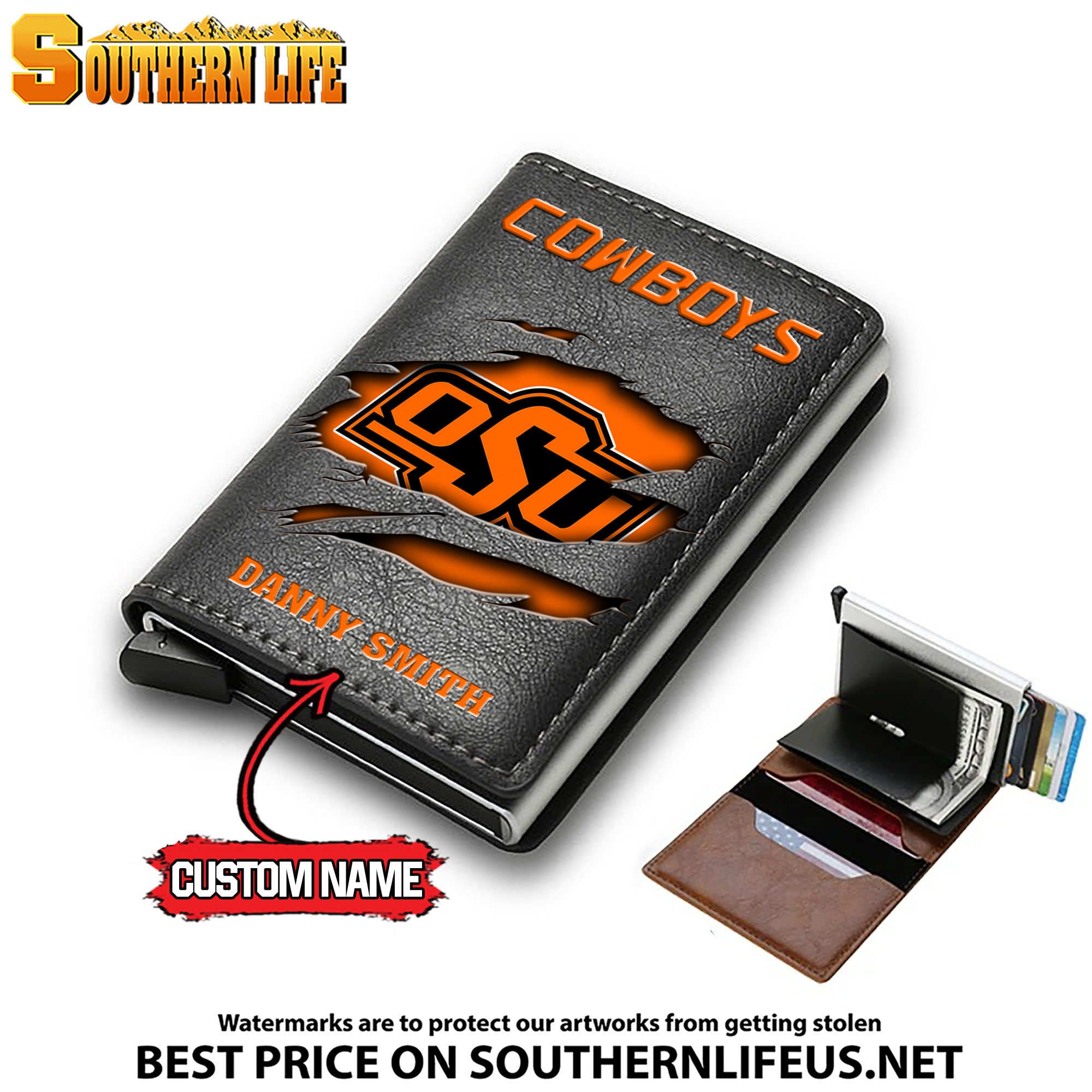 NCAA17 Oklahoma State Cowboys Tide Card Holder Leather Small Wallet – Anti RFID Blocking - Custom Name - Image 3