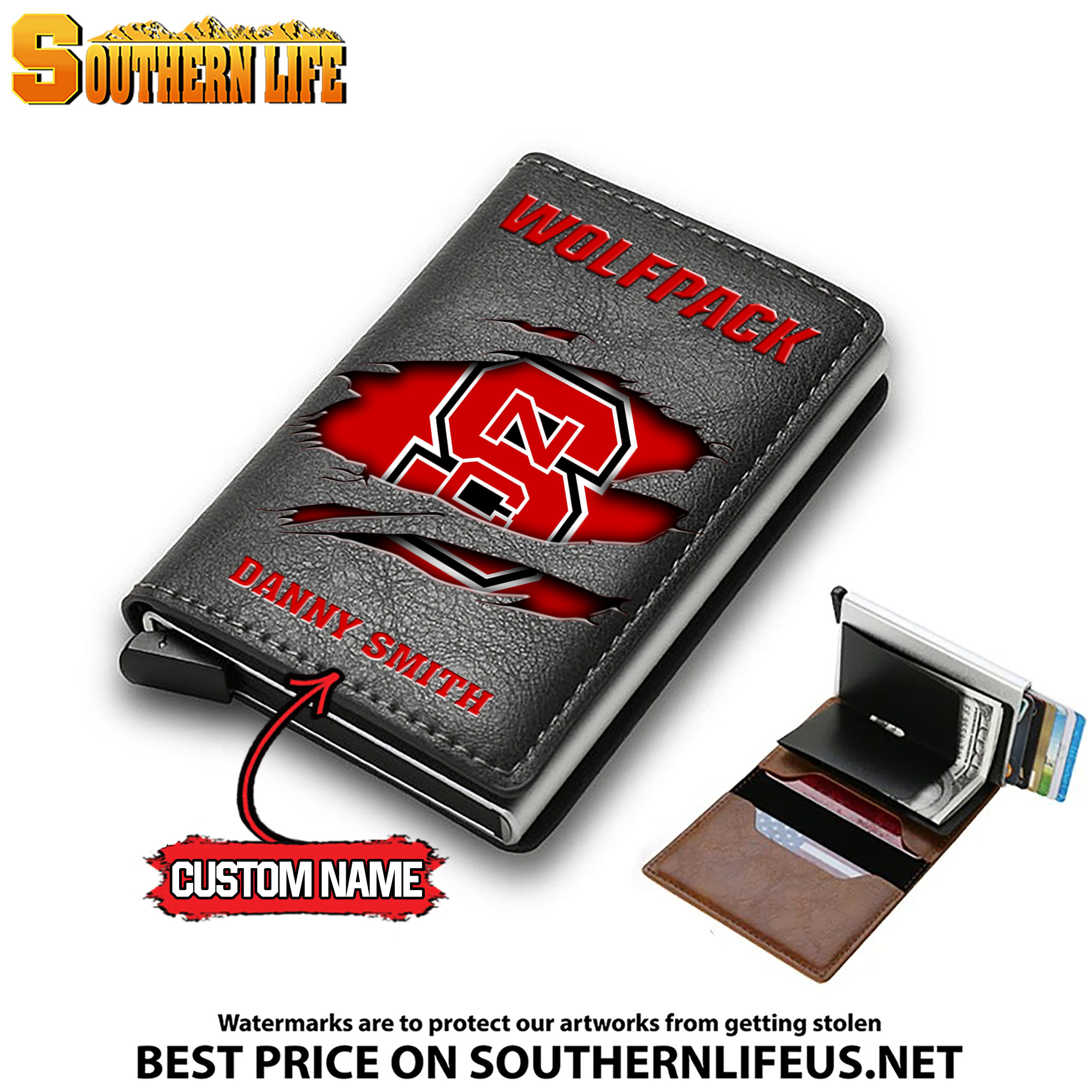 NCAA18 NC State Wolfpack Tide Card Holder Leather Small Wallet – Anti RFID Blocking - Custom Name - Image 3