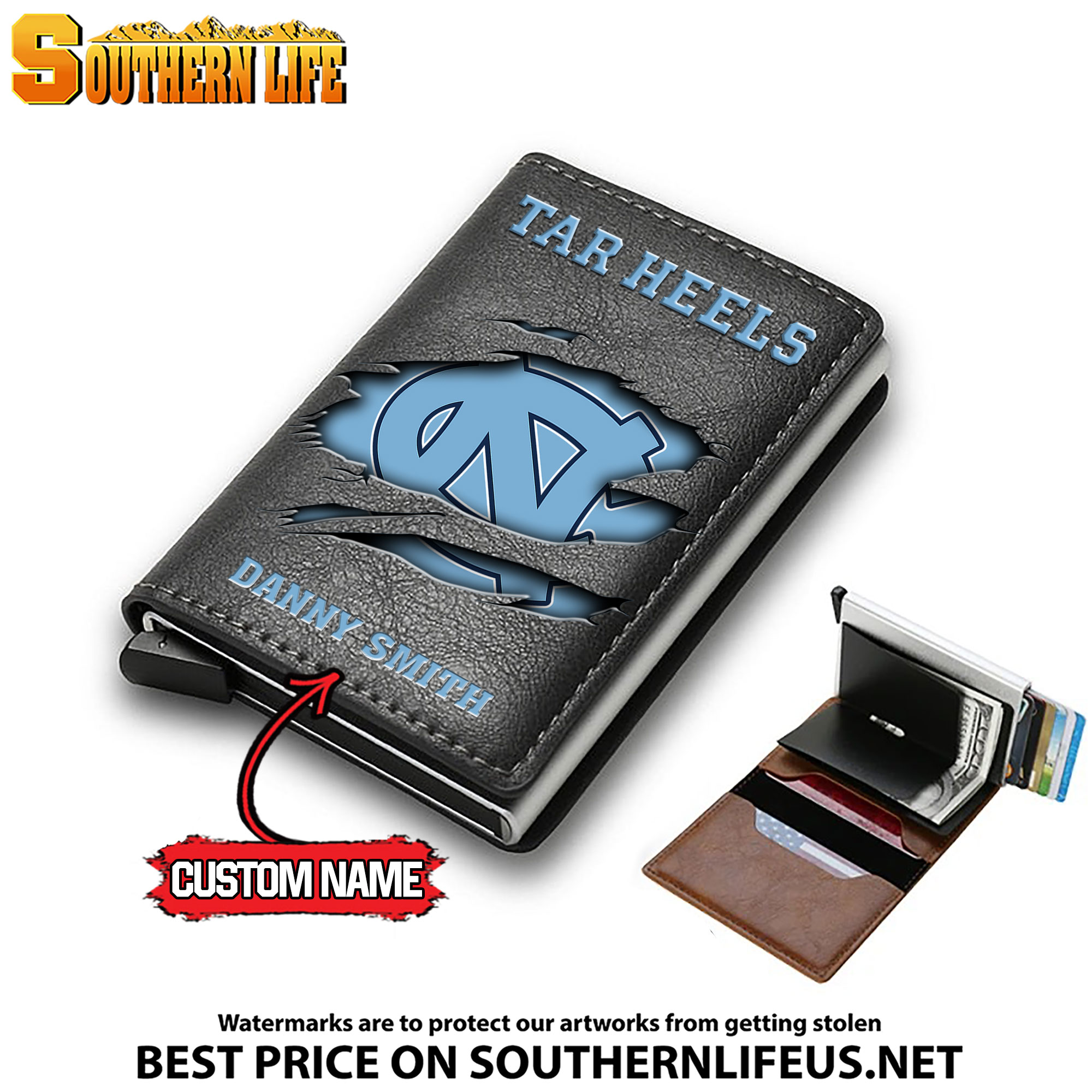 NCAA20 North Carolina Tar Heels Tide Card Holder Leather Small Wallet – Anti RFID Blocking - Custom Name - Image 3