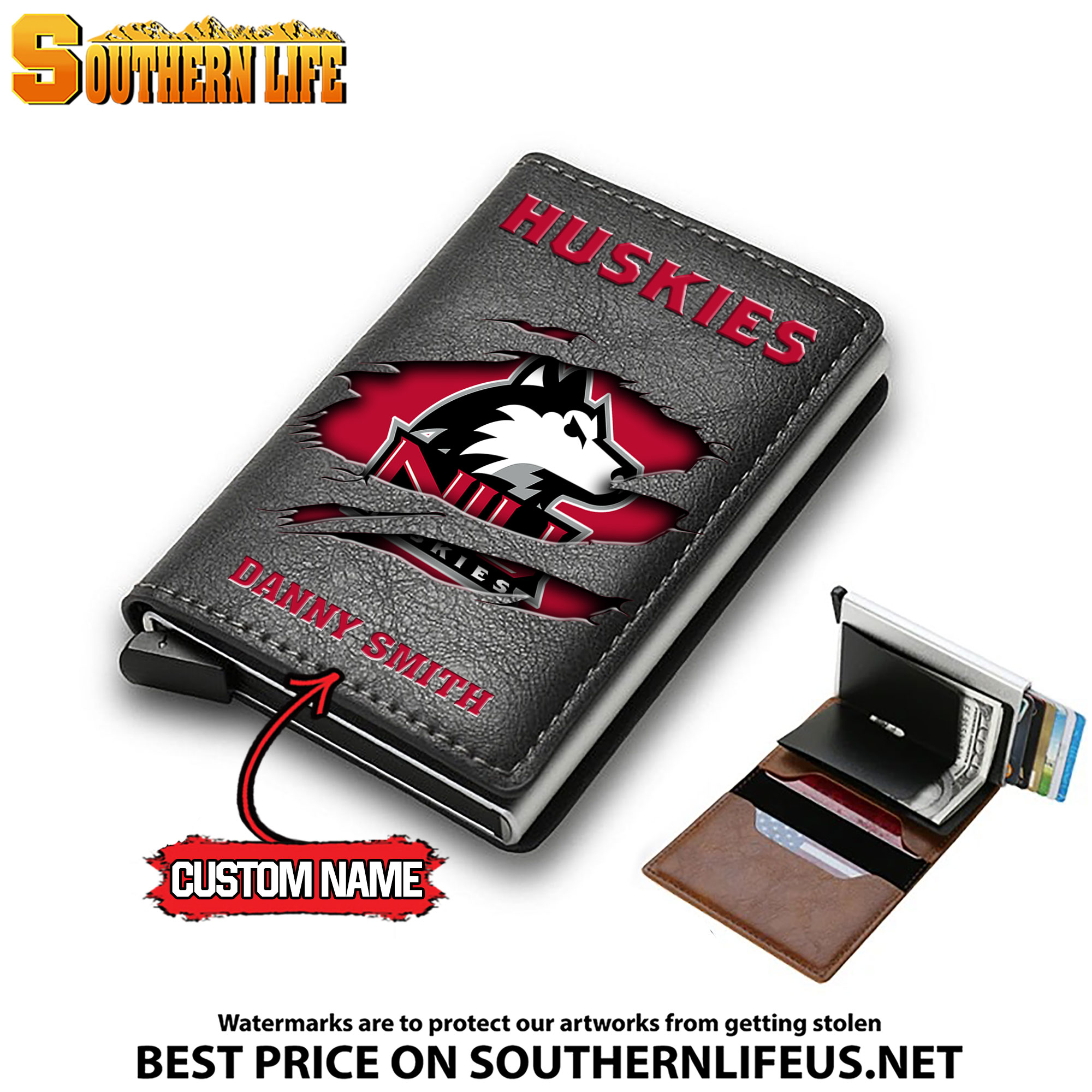 NCAA21 Northern Illinois Huskies Tide Card Holder Leather Small Wallet – Anti RFID Blocking - Custom Name - Image 3
