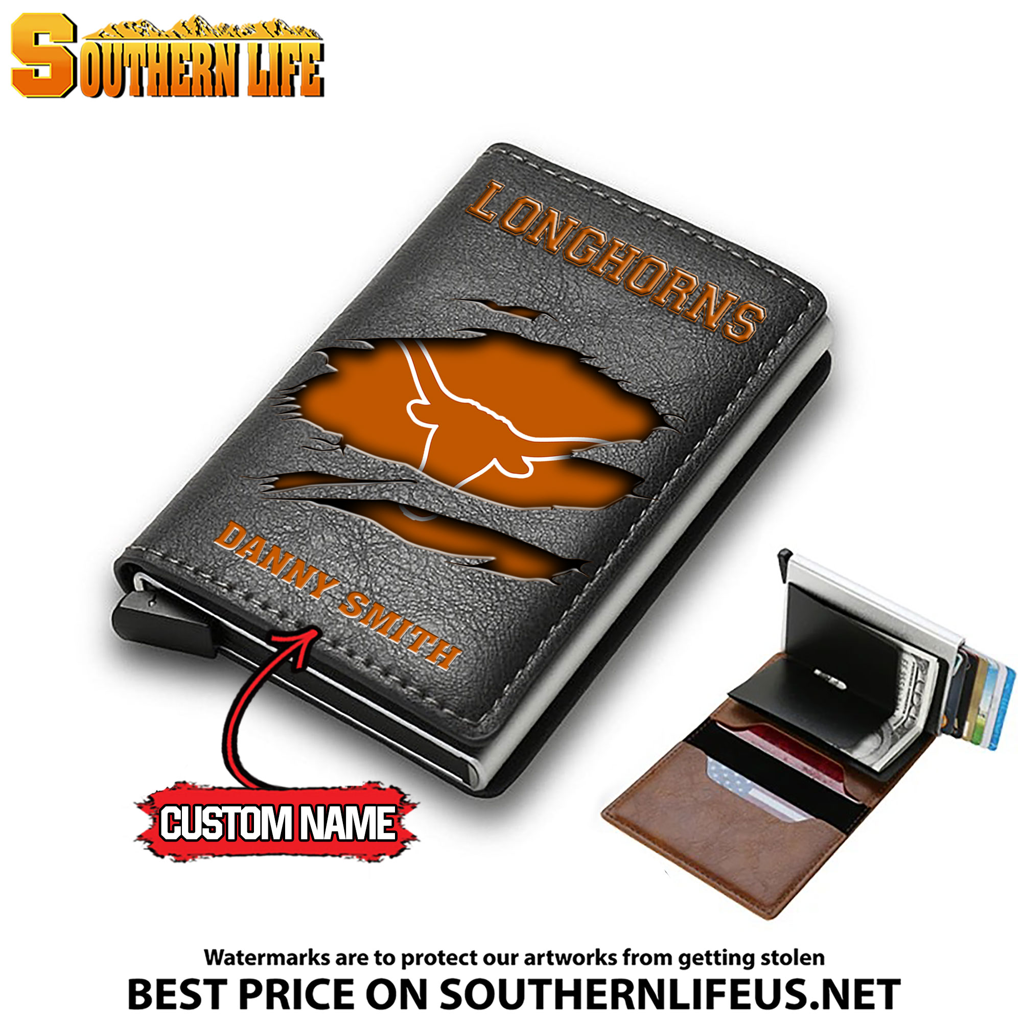 NCAA32 Texas Longhorns Tide Card Holder Leather Small Wallet – Anti RFID Blocking - Custom Name - Image 3