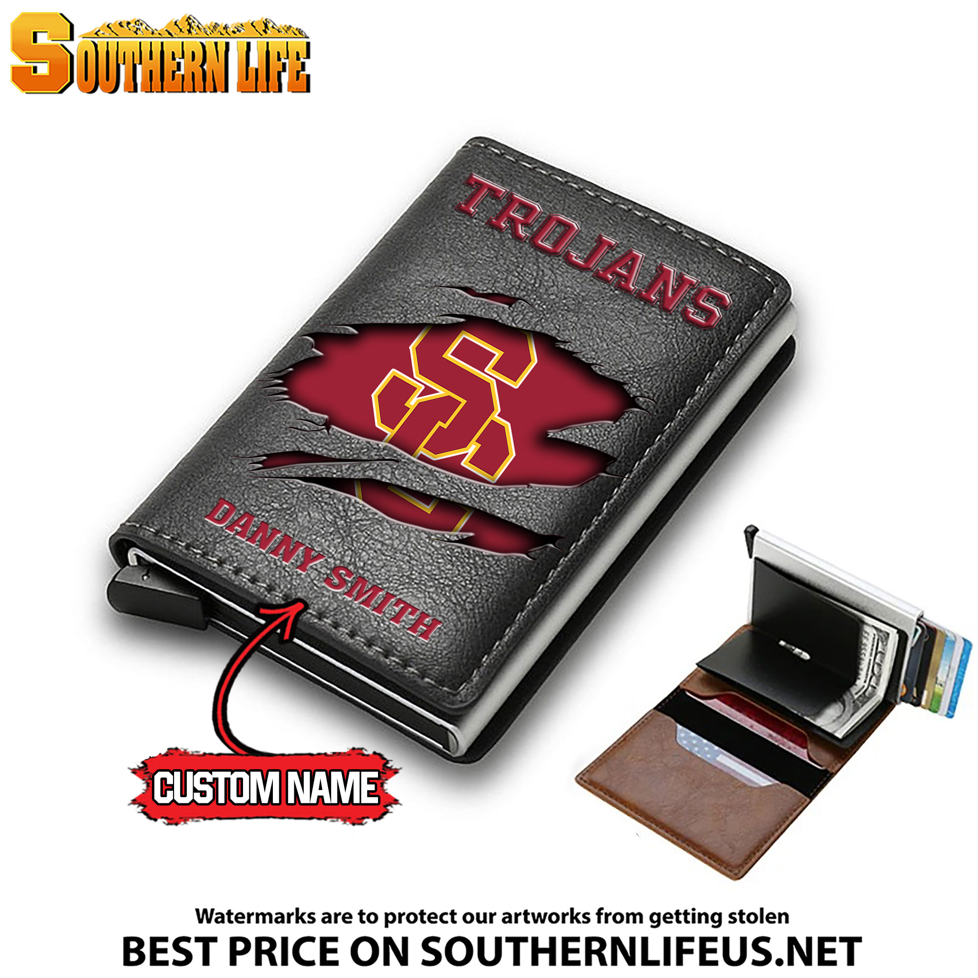 NCAA34 USC Trojans Tide Card Holder Leather Small Wallet – Anti RFID Blocking - Custom Name - Image 3
