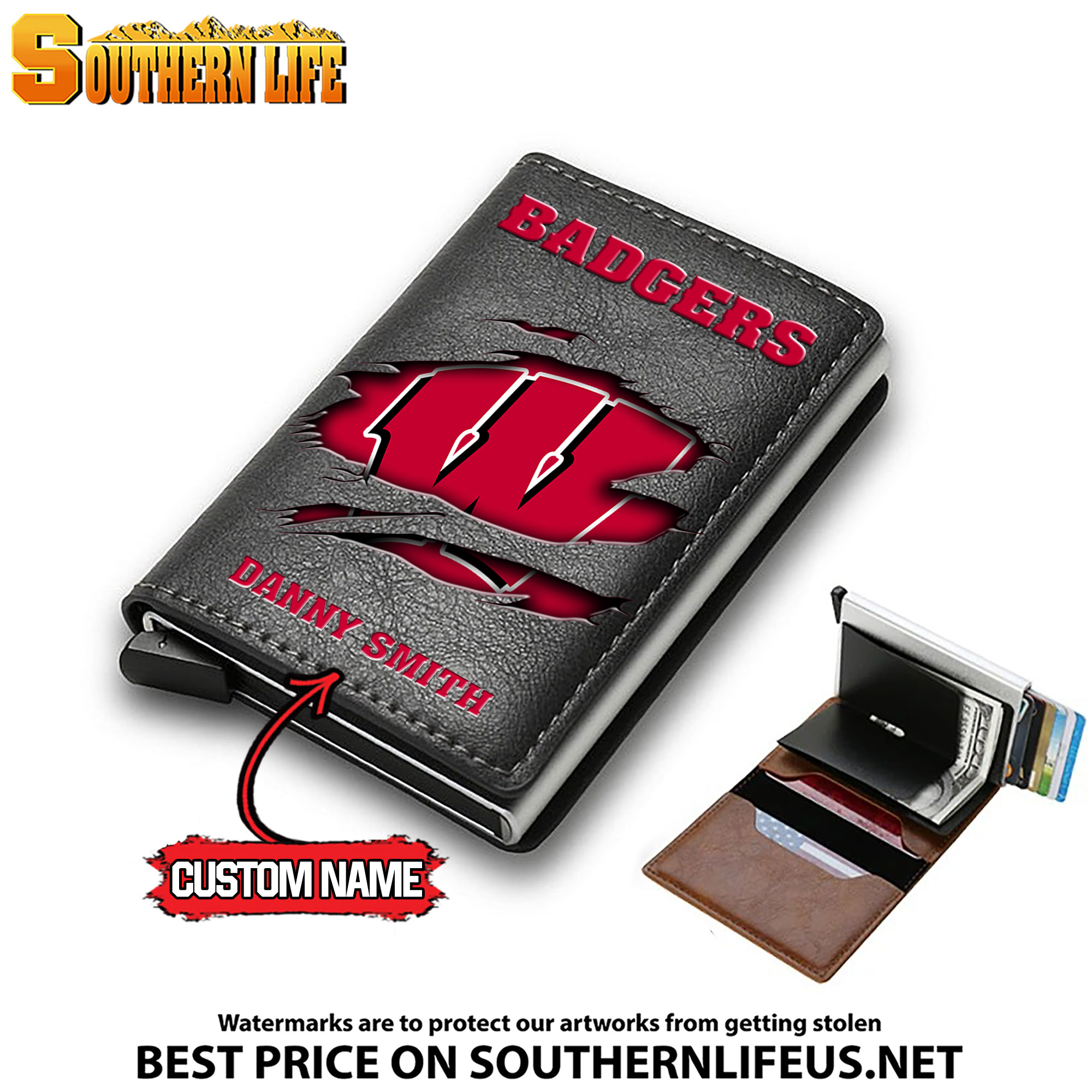 NCAA37 Wisconsin Badgers Tide Card Holder Leather Small Wallet – Anti RFID Blocking - Custom Name - Image 3