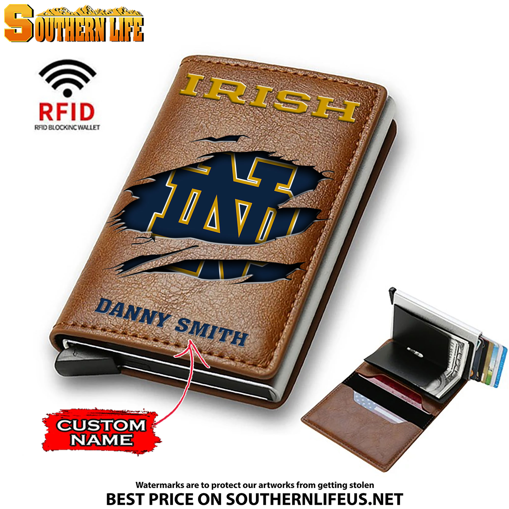 NCAA08 Notre Dame Fighting Irish Card Holder Leather Small Wallet – Anti RFID Blocking - Custom Name - Image 2