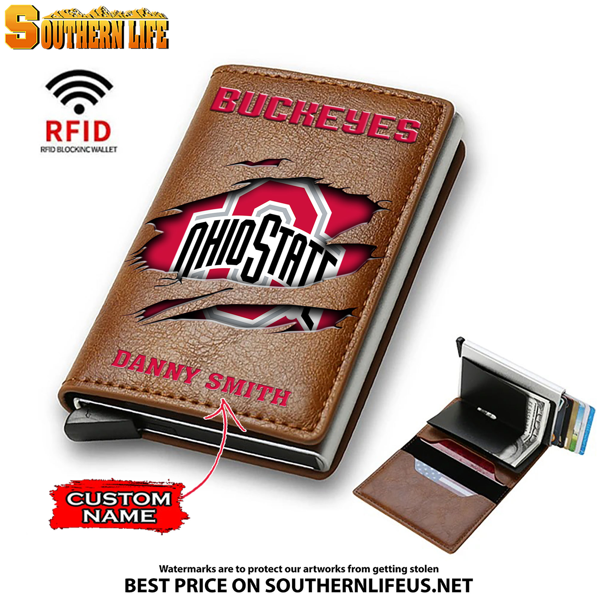 NCAA04 Ohio State Buckeyes Card Holder Leather Small Wallet – Anti RFID Blocking - Custom Name - Image 2