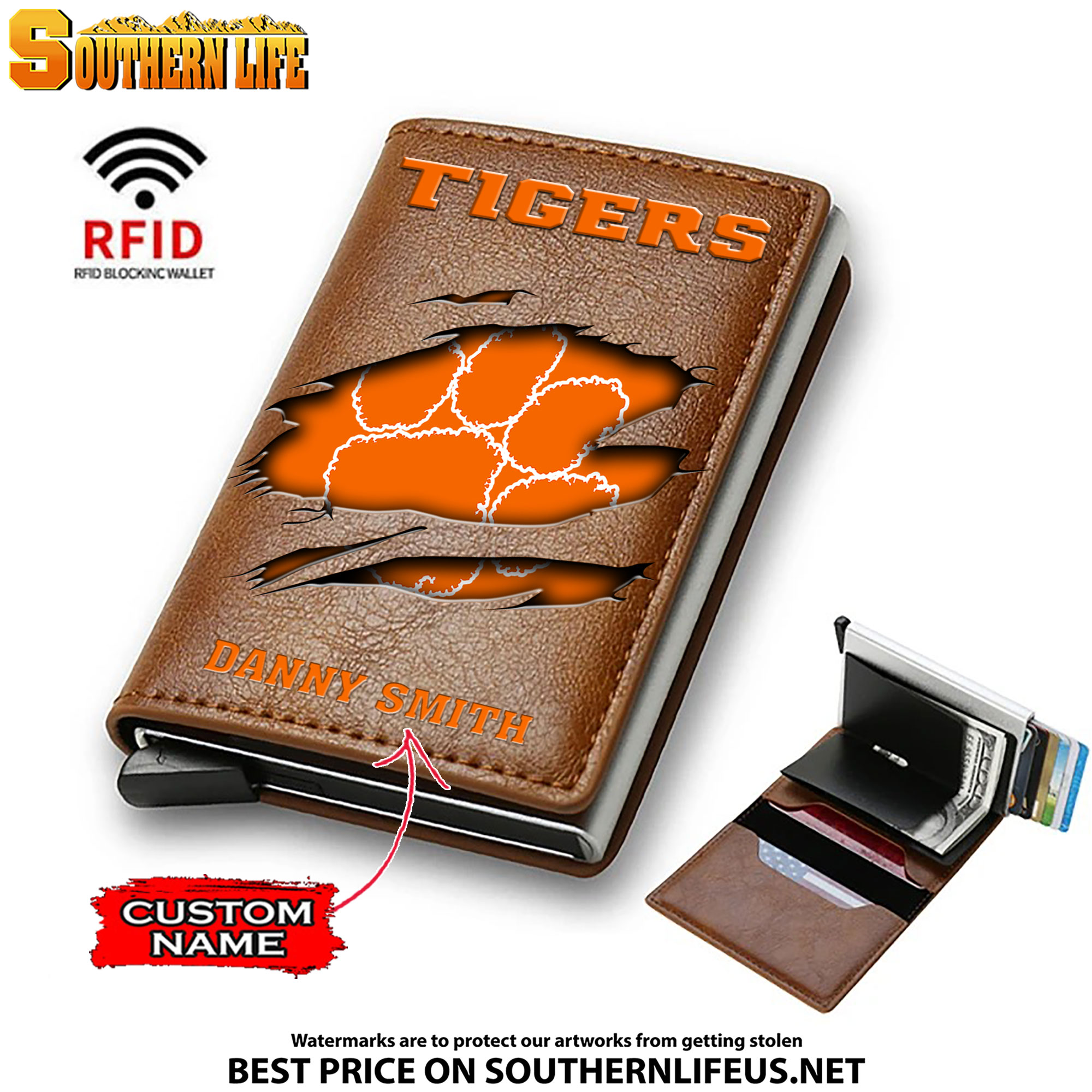 NCAA05 Clemson Tigers Card Holder Leather Small Wallet – Anti RFID Blocking - Custom Name - Image 2
