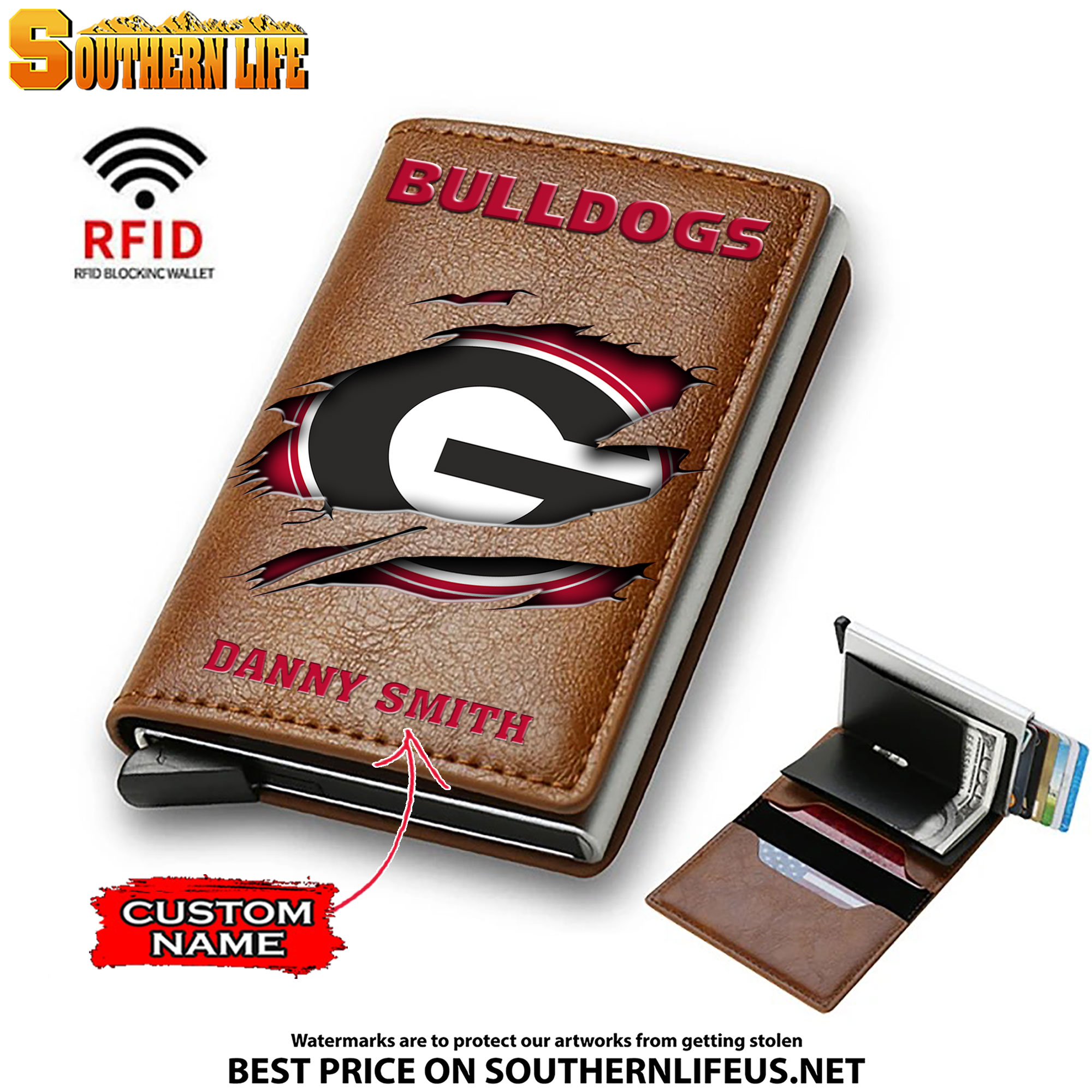 NCAA02 Georgia Bulldogs Card Holder Leather Small Wallet – Anti RFID Blocking - Custom Name - Image 2
