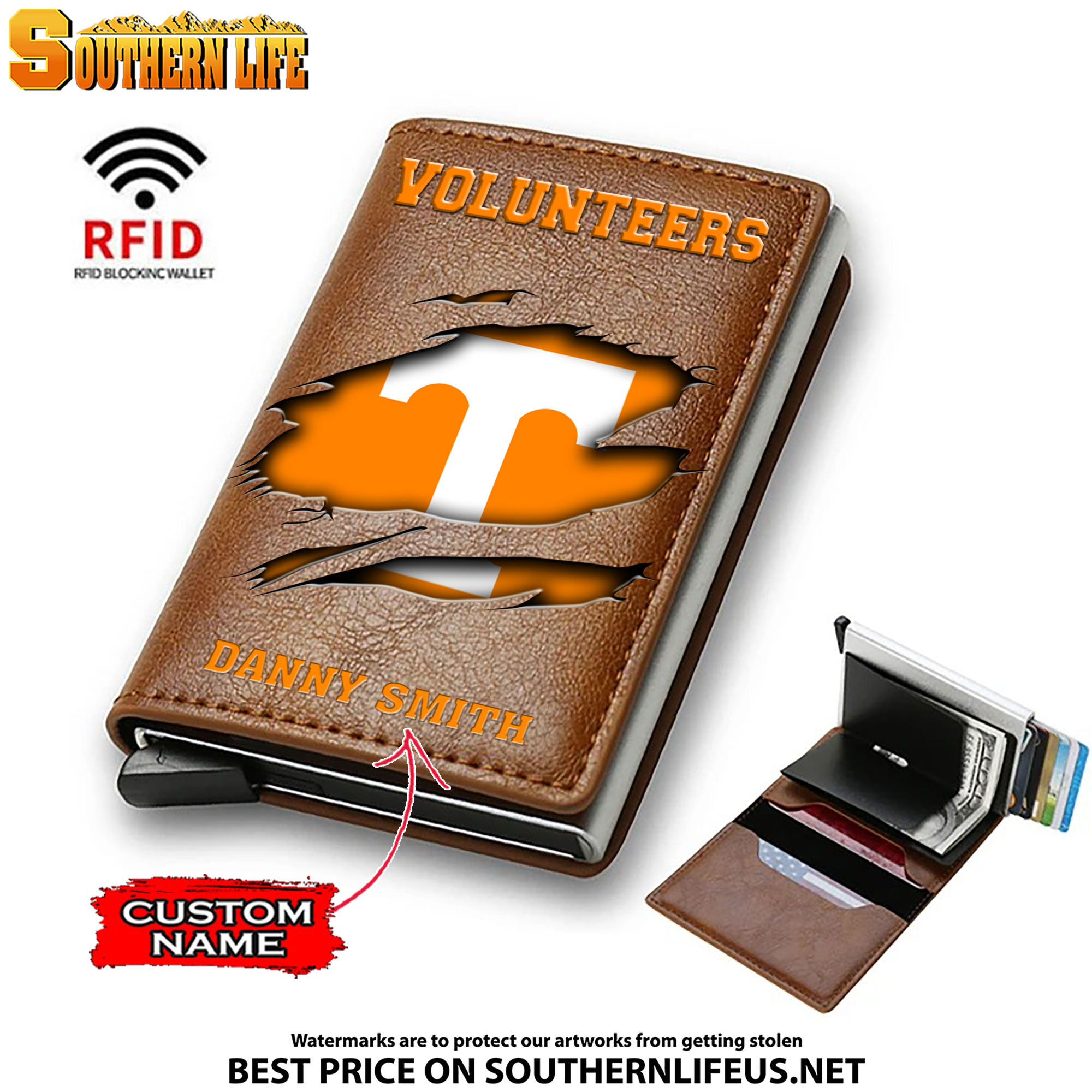 NCAA09 Tennessee Volunteers Card Holder Leather Small Wallet – Anti RFID Blocking - Custom Name - Image 2
