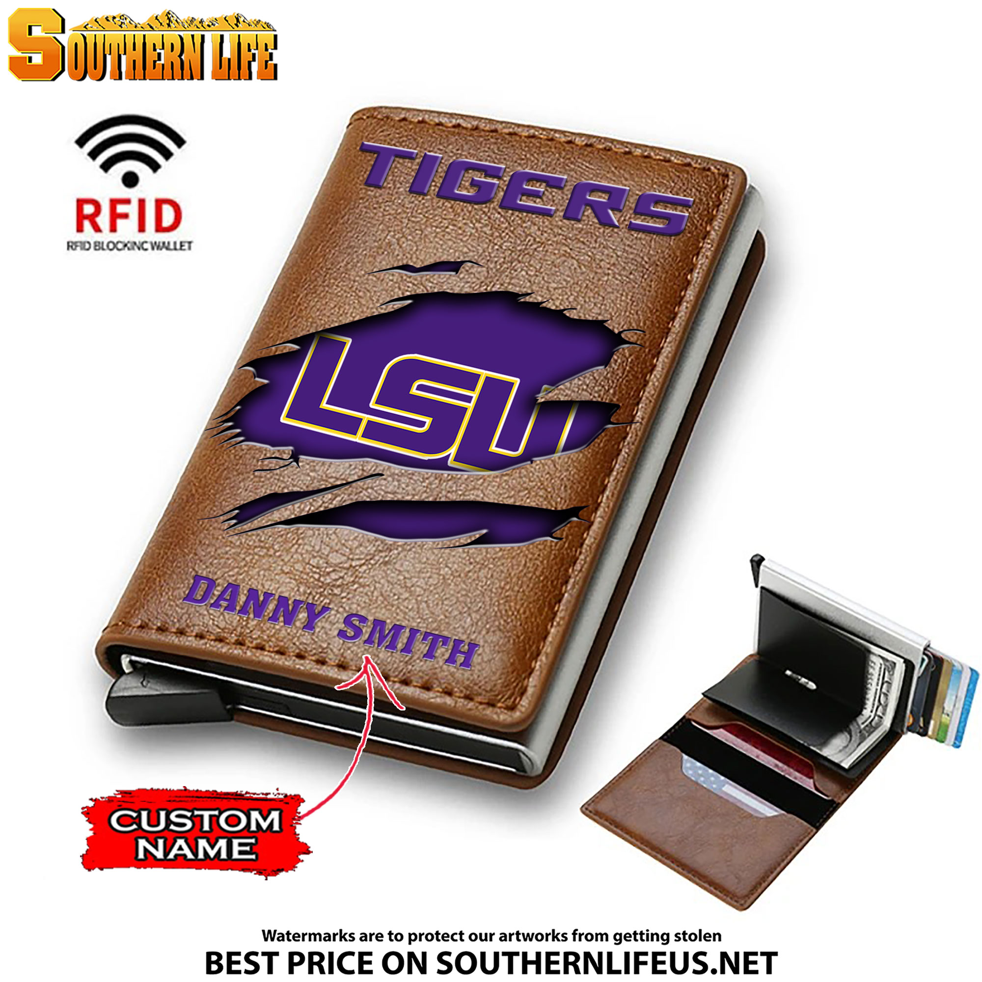 NCAA13 LSU Tigers Tide Card Holder Leather Small Wallet – Anti RFID Blocking - Custom Name - Image 2