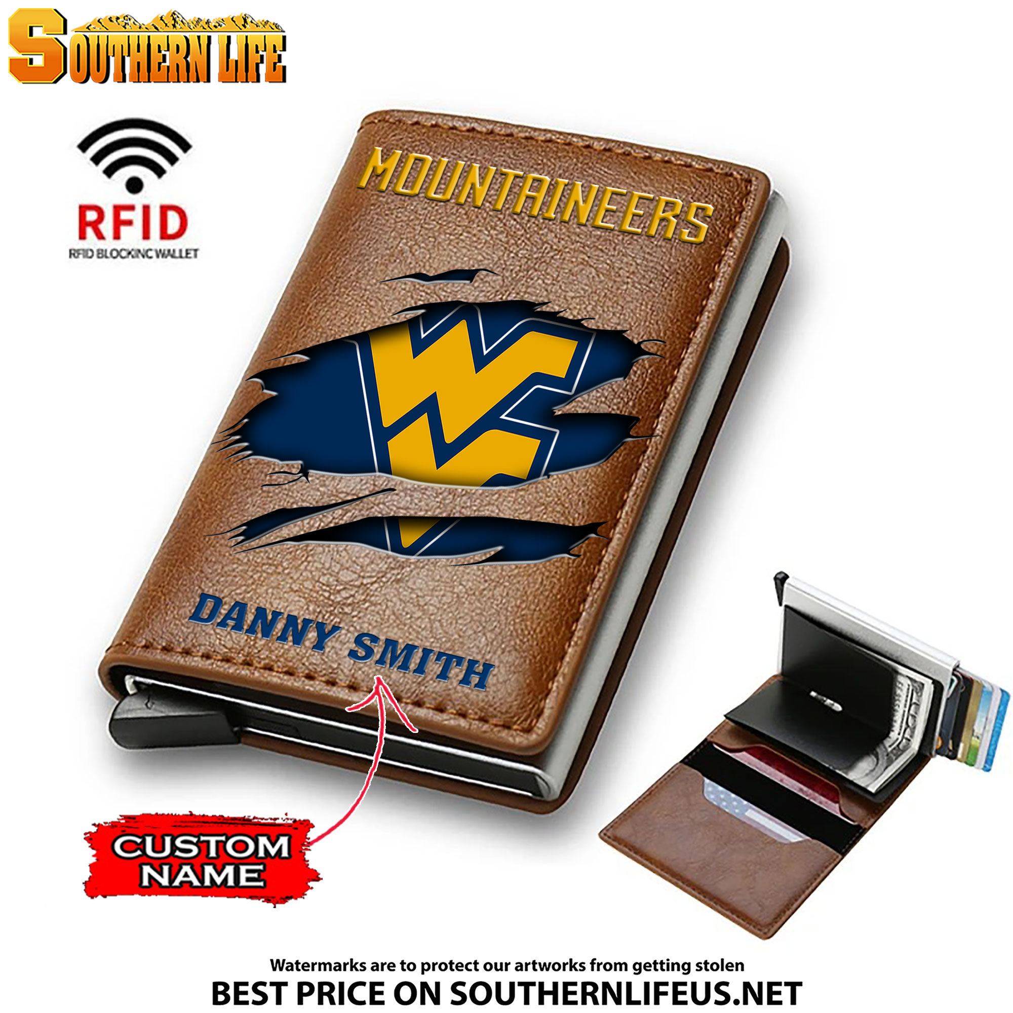 NCAA14 West Virginia Mountaineers Tide Card Holder Leather Small Wallet – Anti RFID Blocking - Custom Name - Image 2