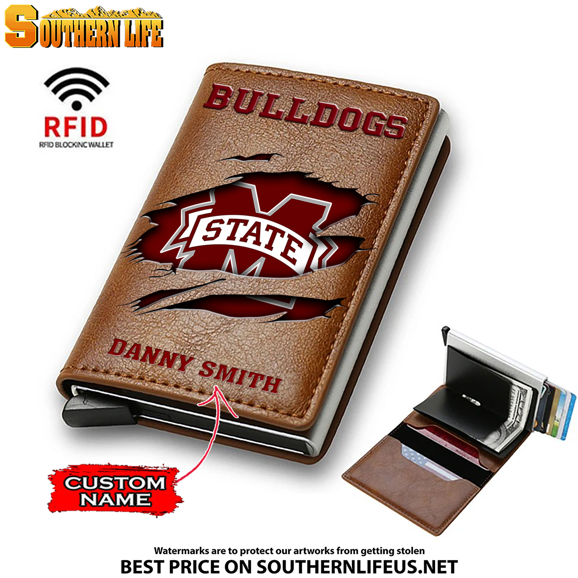 NCAA16 Mississippi State Bulldogs Tide Card Holder Leather Small Wallet – Anti RFID Blocking - Custom Name - Image 2