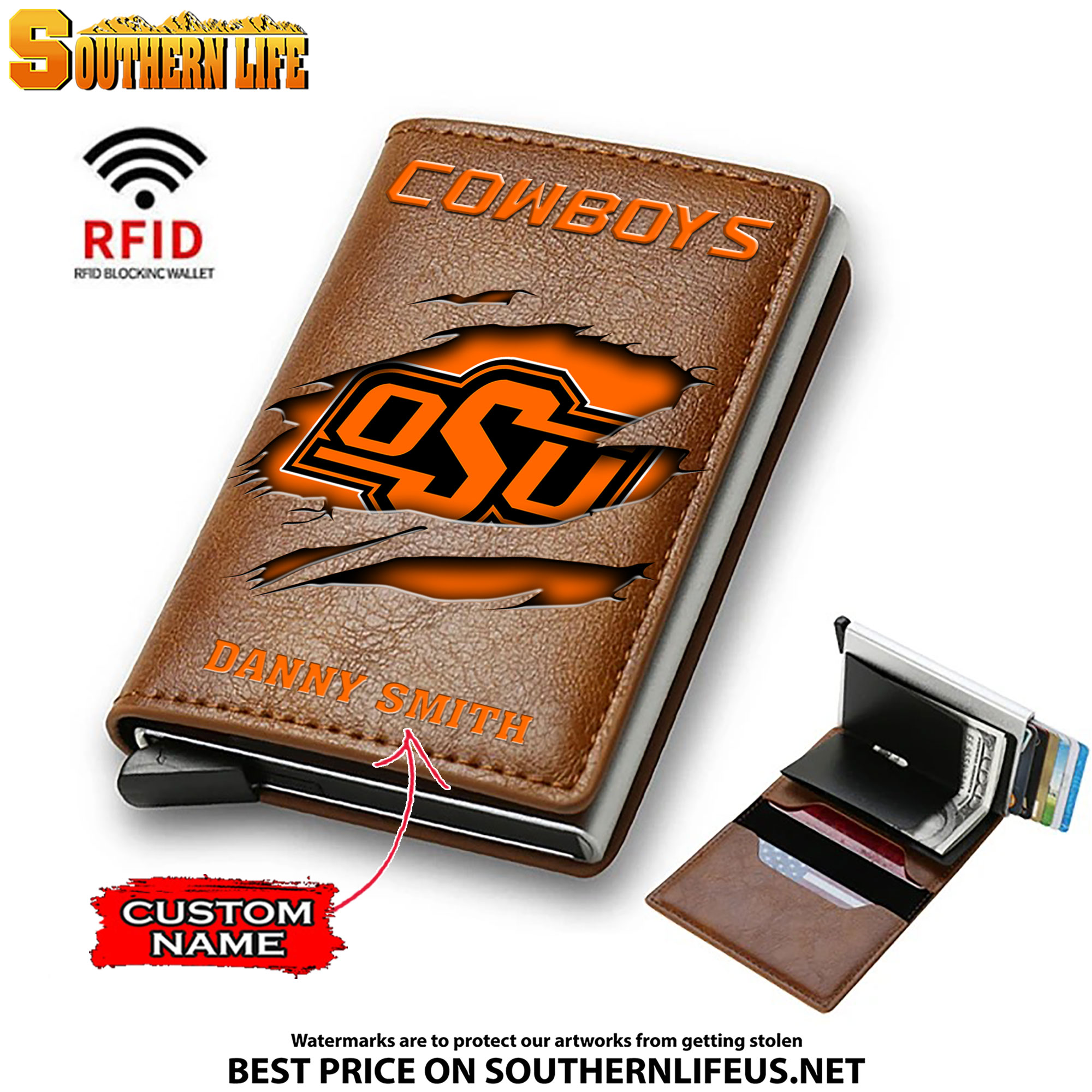 NCAA17 Oklahoma State Cowboys Tide Card Holder Leather Small Wallet – Anti RFID Blocking - Custom Name - Image 2