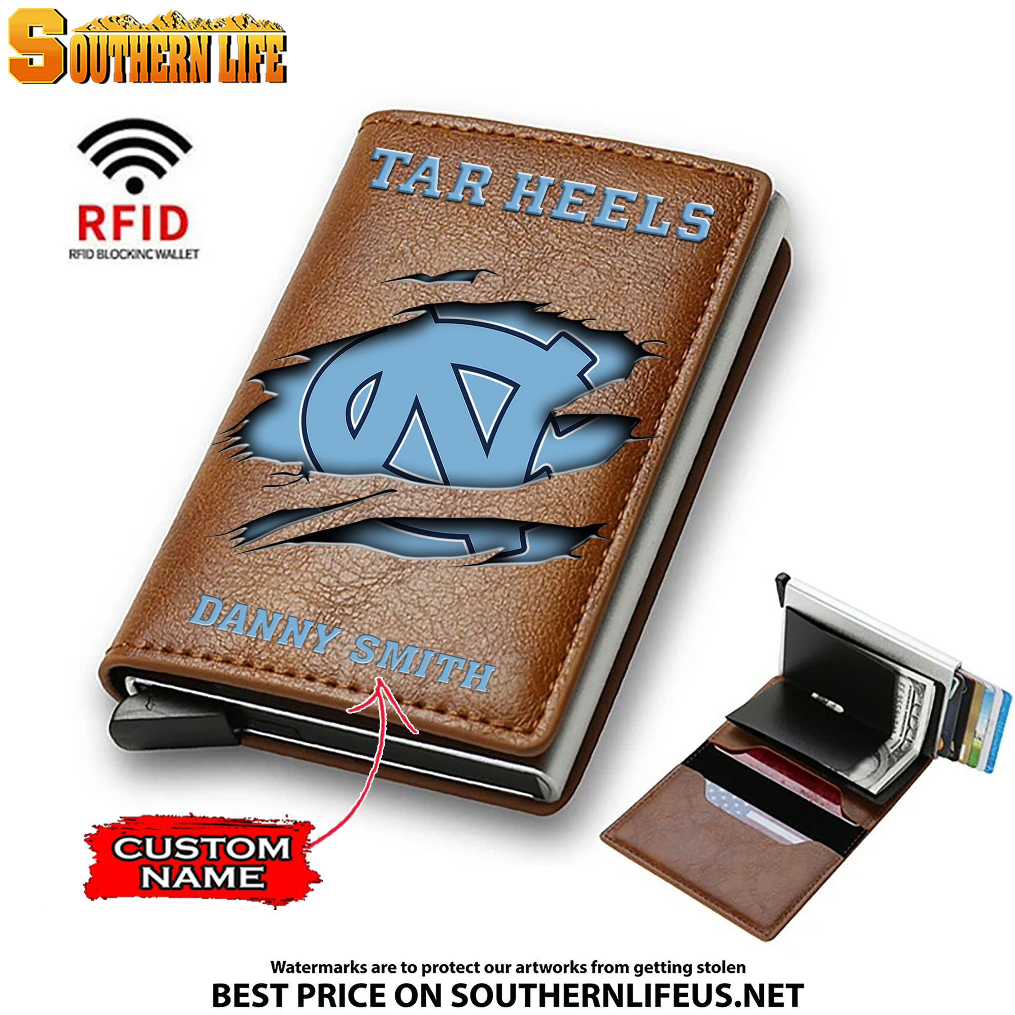 NCAA20 North Carolina Tar Heels Tide Card Holder Leather Small Wallet – Anti RFID Blocking - Custom Name - Image 2