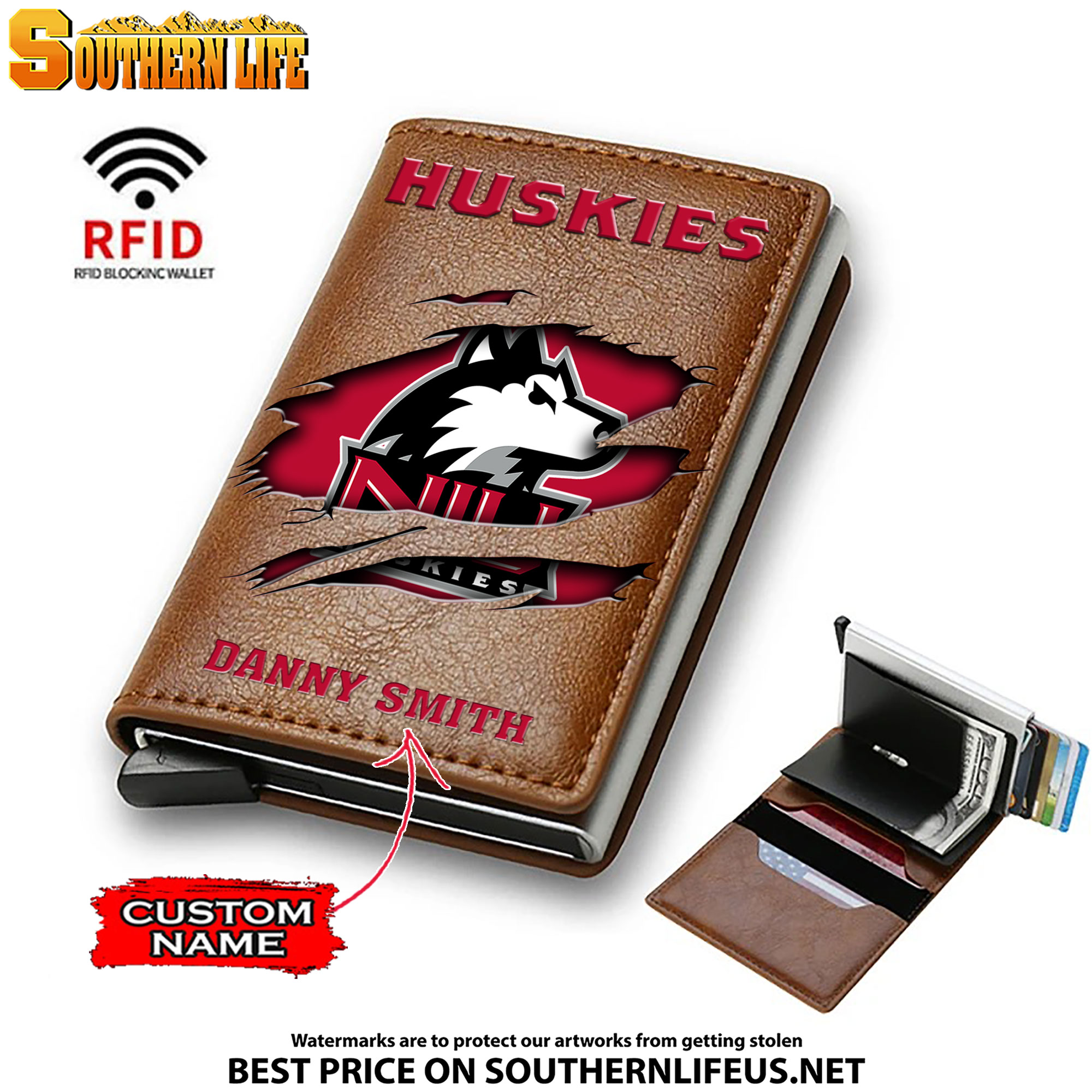 NCAA21 Northern Illinois Huskies Tide Card Holder Leather Small Wallet – Anti RFID Blocking - Custom Name - Image 2