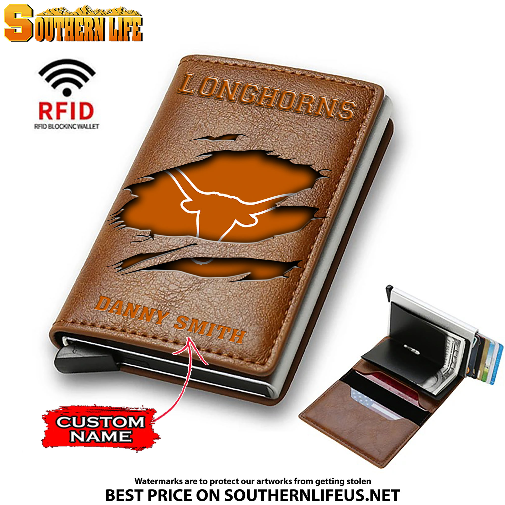 NCAA32 Texas Longhorns Tide Card Holder Leather Small Wallet – Anti RFID Blocking - Custom Name - Image 2