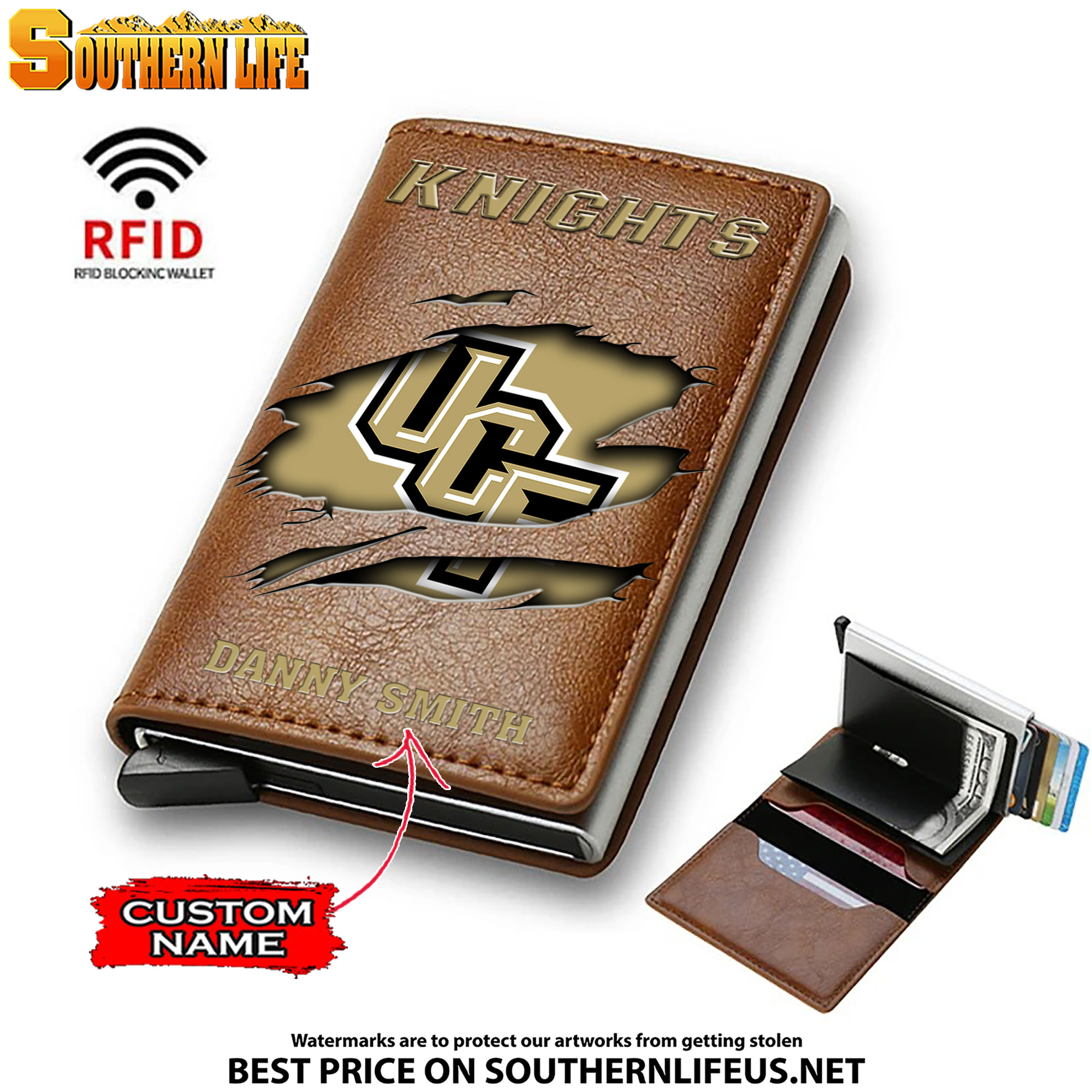 NCAA33 UCF Knights Tide Card Holder Leather Small Wallet – Anti RFID Blocking - Custom Name - Image 2