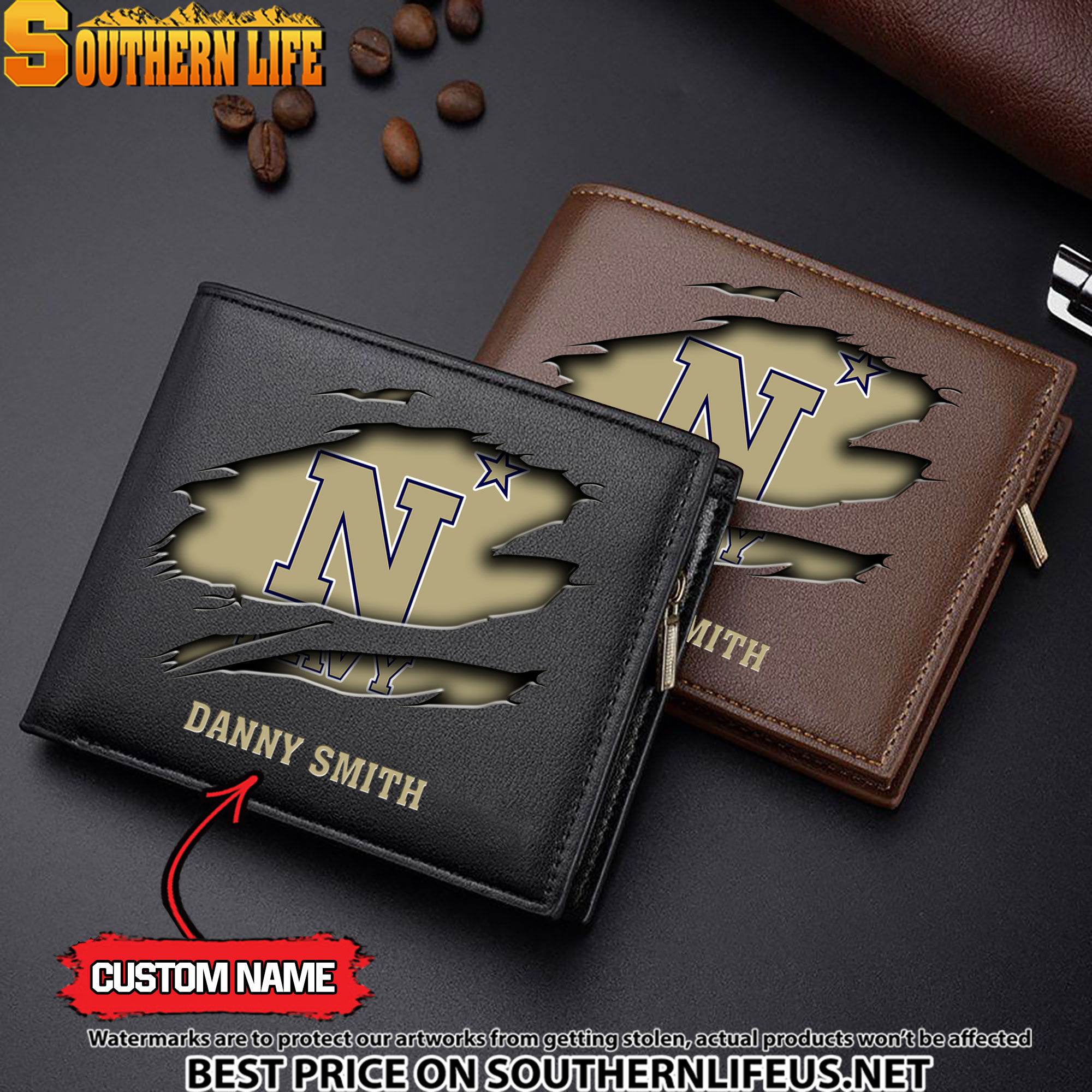 NCAA59 Navy Midshipmen Men’s Leather Wallet Custom Name