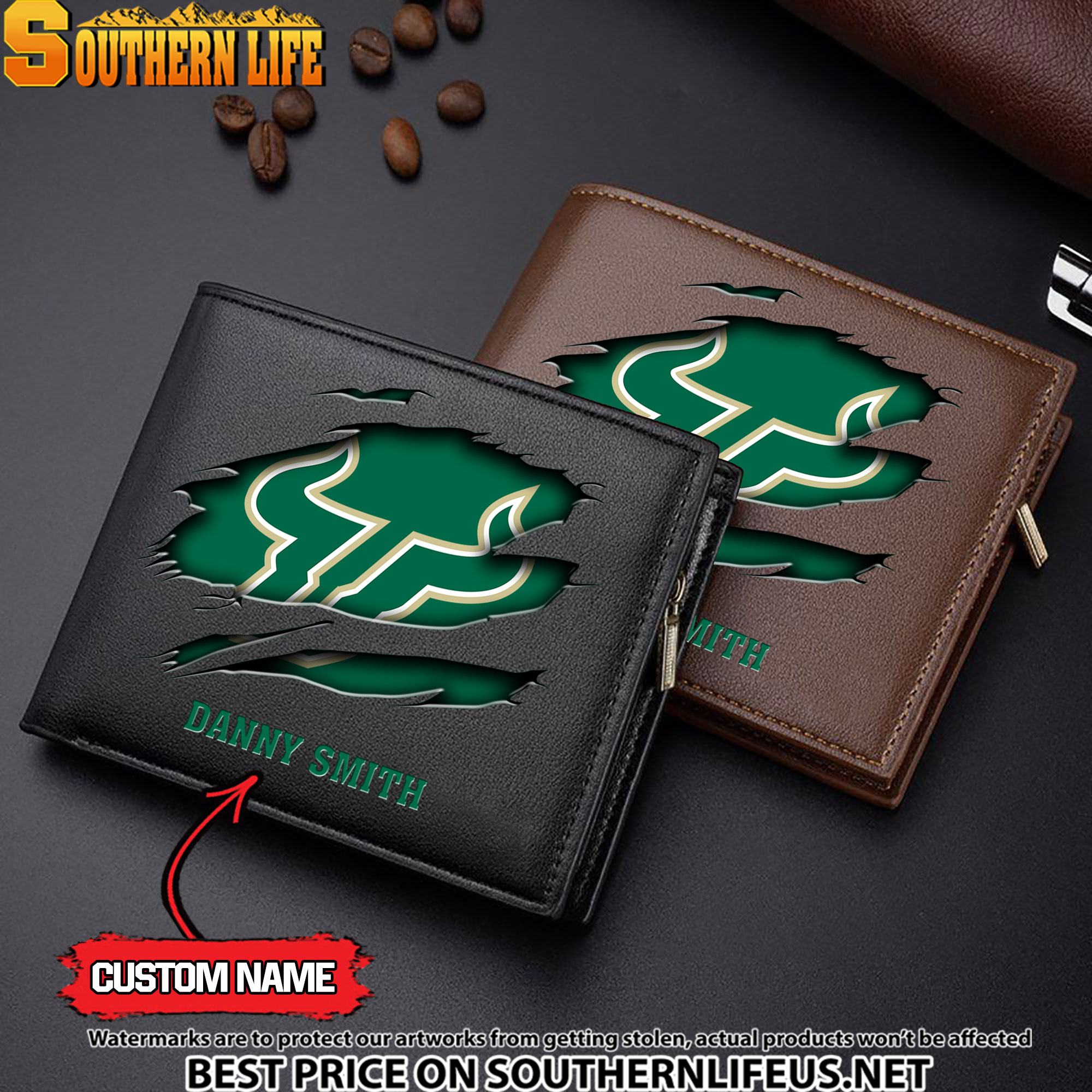 NCAA65 South Florida Bulls Men’s Leather Wallet Custom Name