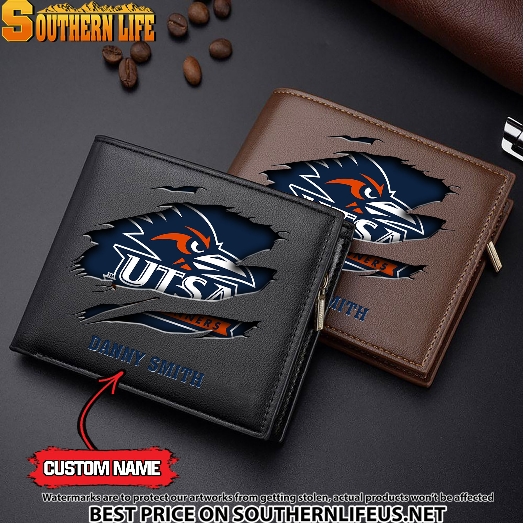 NCAA74 UTSA Roadrunners Men’s Leather Wallet Custom Name