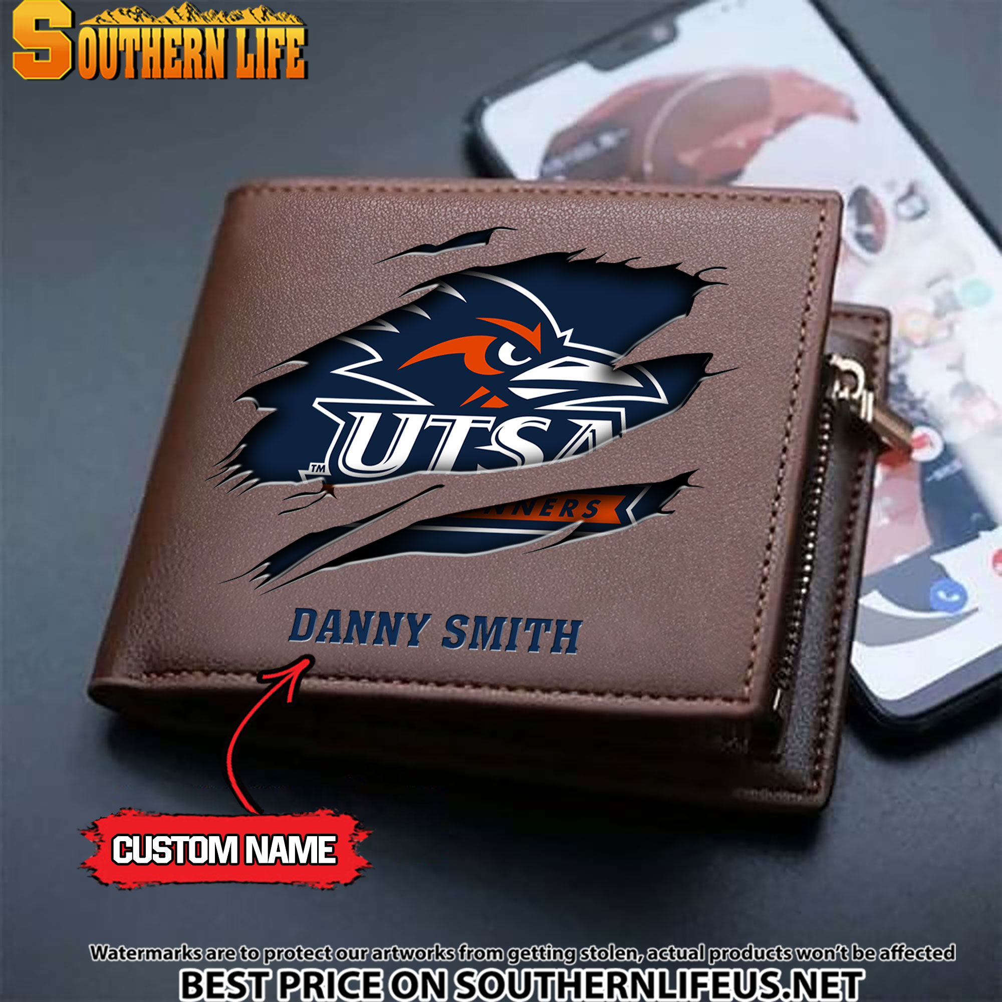 NCAA74 UTSA Roadrunners Men’s Leather Wallet Custom Name - Image 3