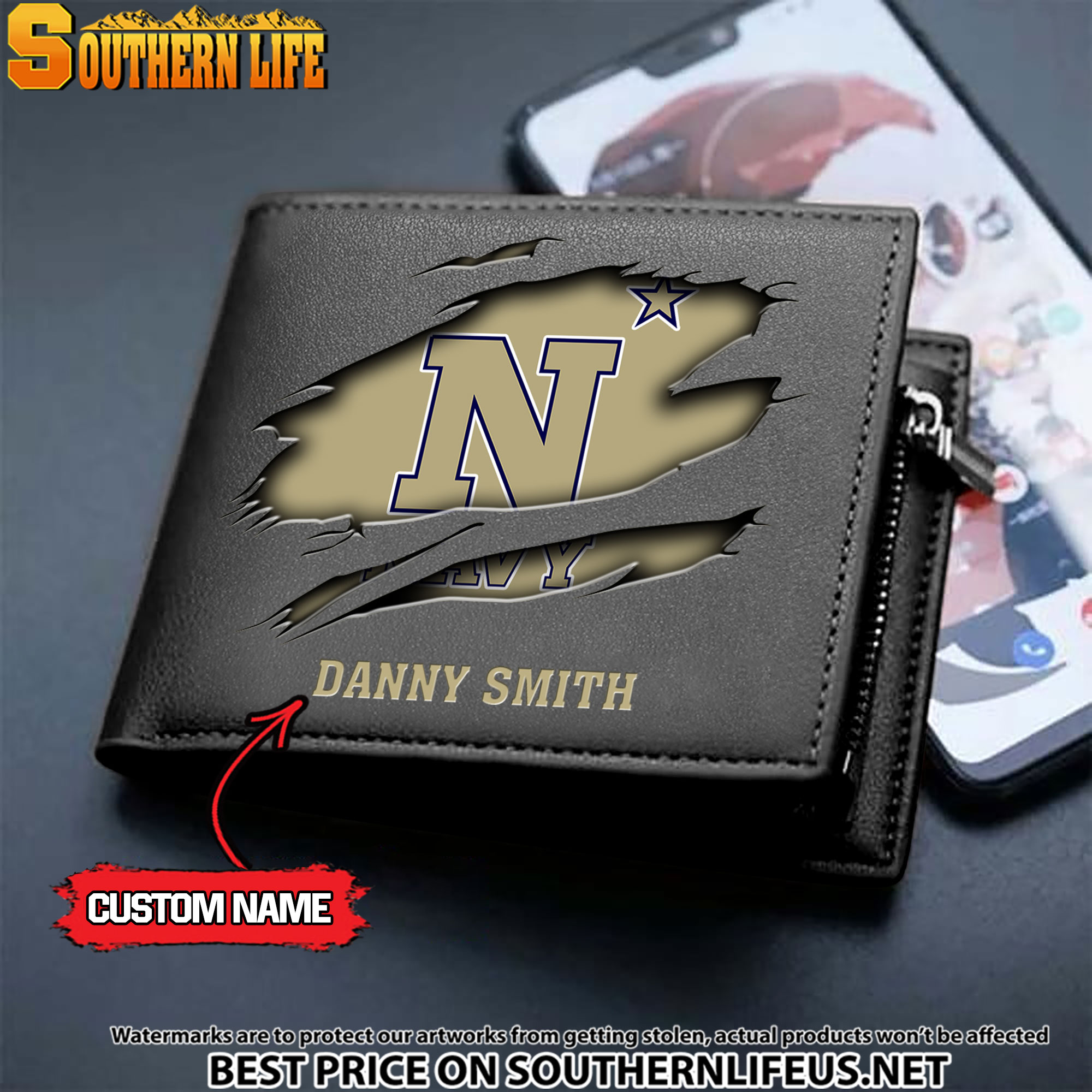 NCAA59 Navy Midshipmen Men’s Leather Wallet Custom Name - Image 2