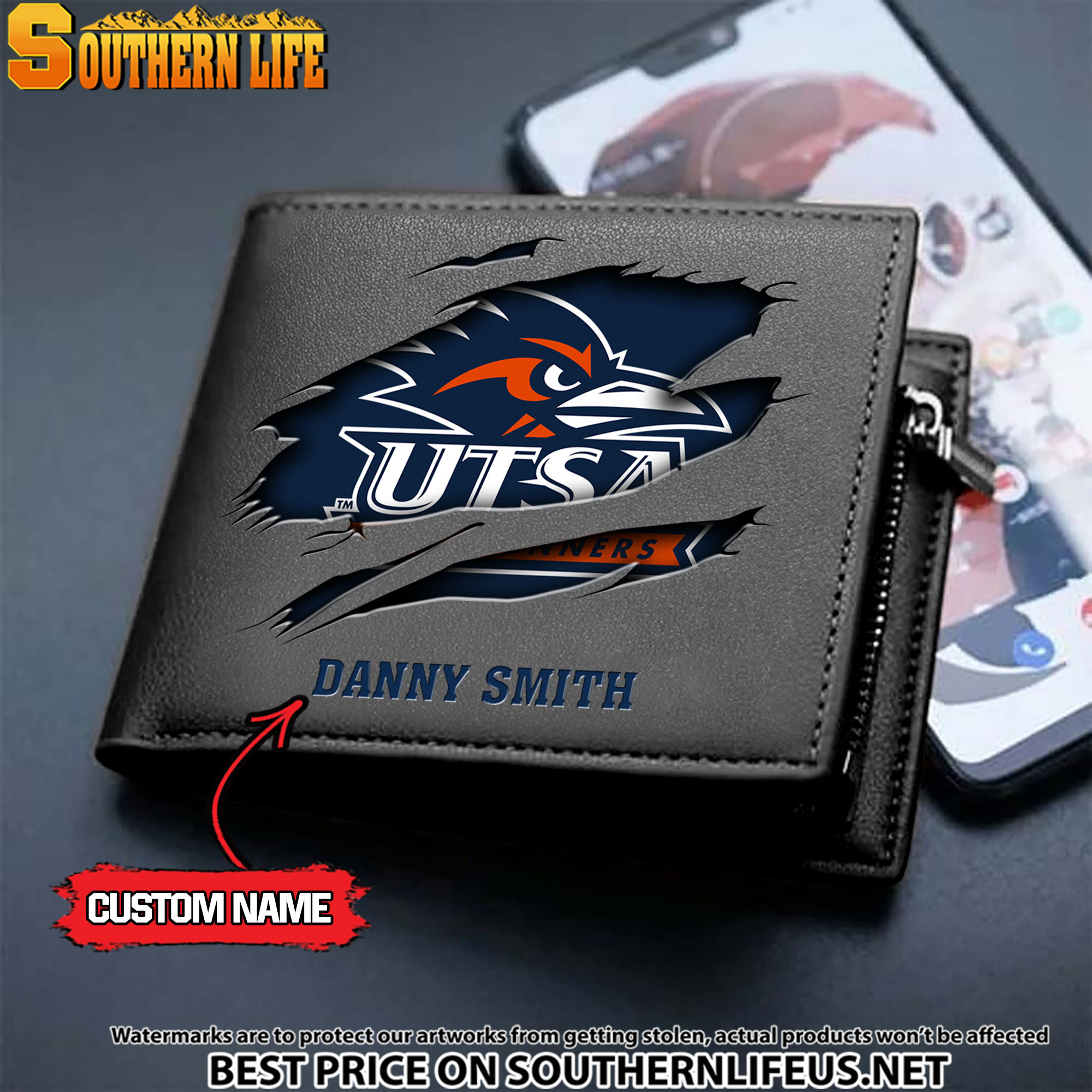 NCAA74 UTSA Roadrunners Men’s Leather Wallet Custom Name - Image 2