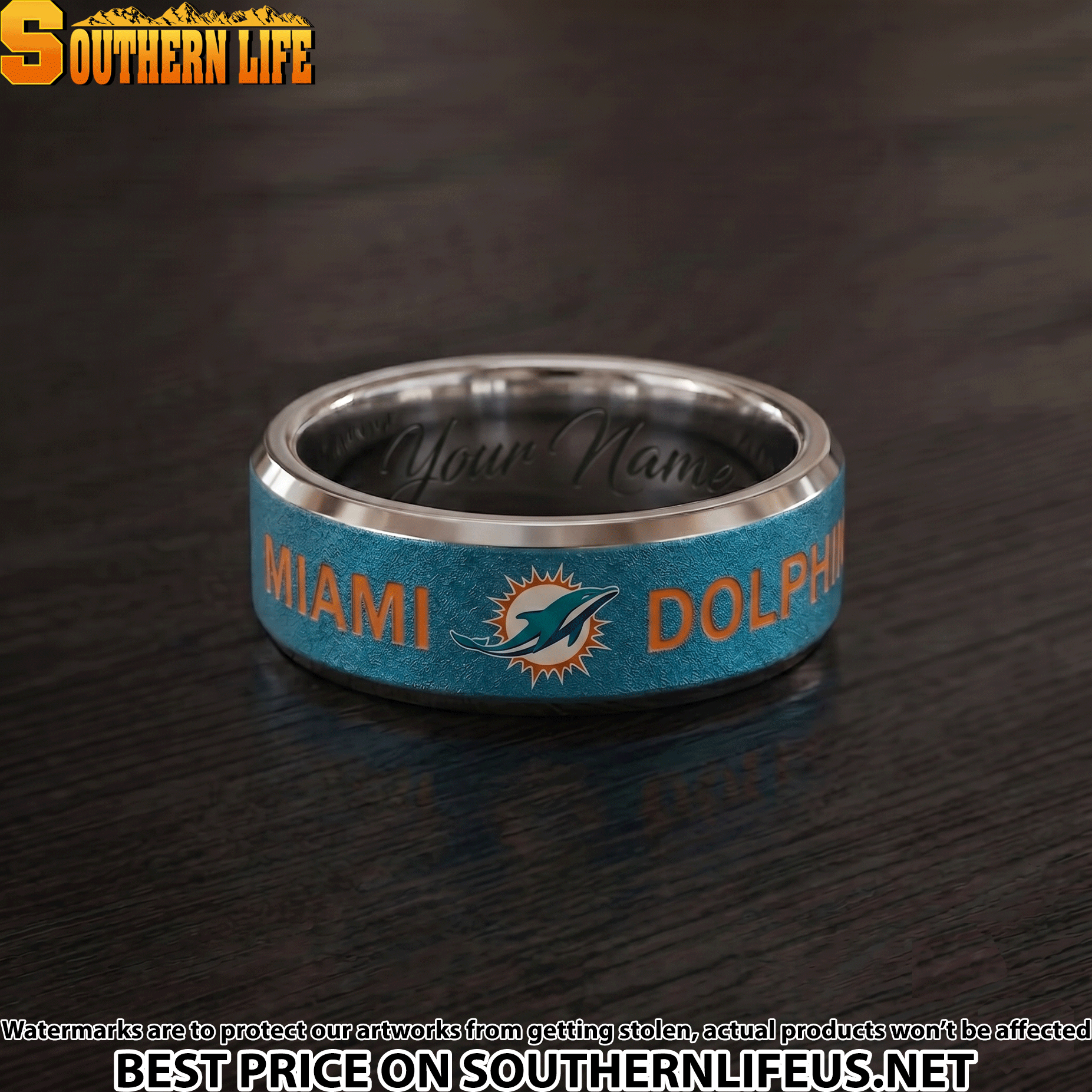 08 Miami Dolphins Premium Tungsten Carbide Ring - Engraved custom name