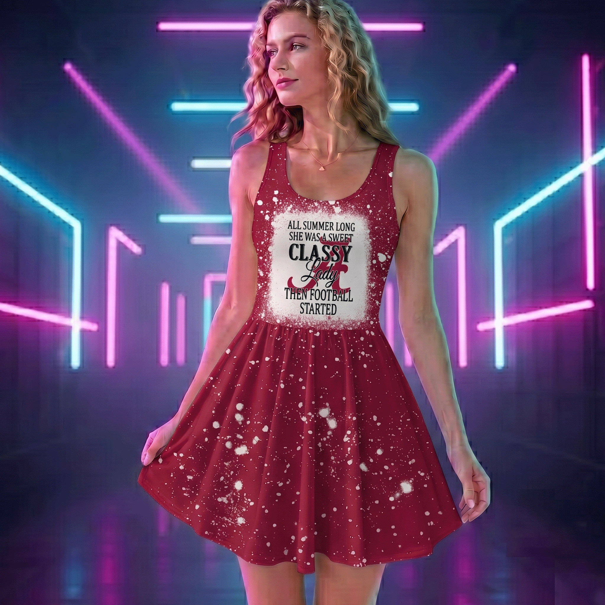 NCAA01A Alabama Crimson Tide Sweet And Classy Lady Bleached Women's Skater Dresses