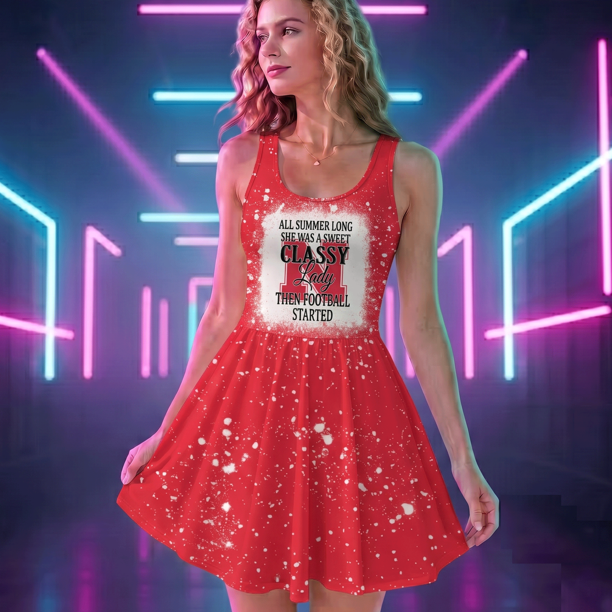 NCAA19 Nebraska Cornhuskers Sweet And Classy Lady Bleached Women's Skater Dresses